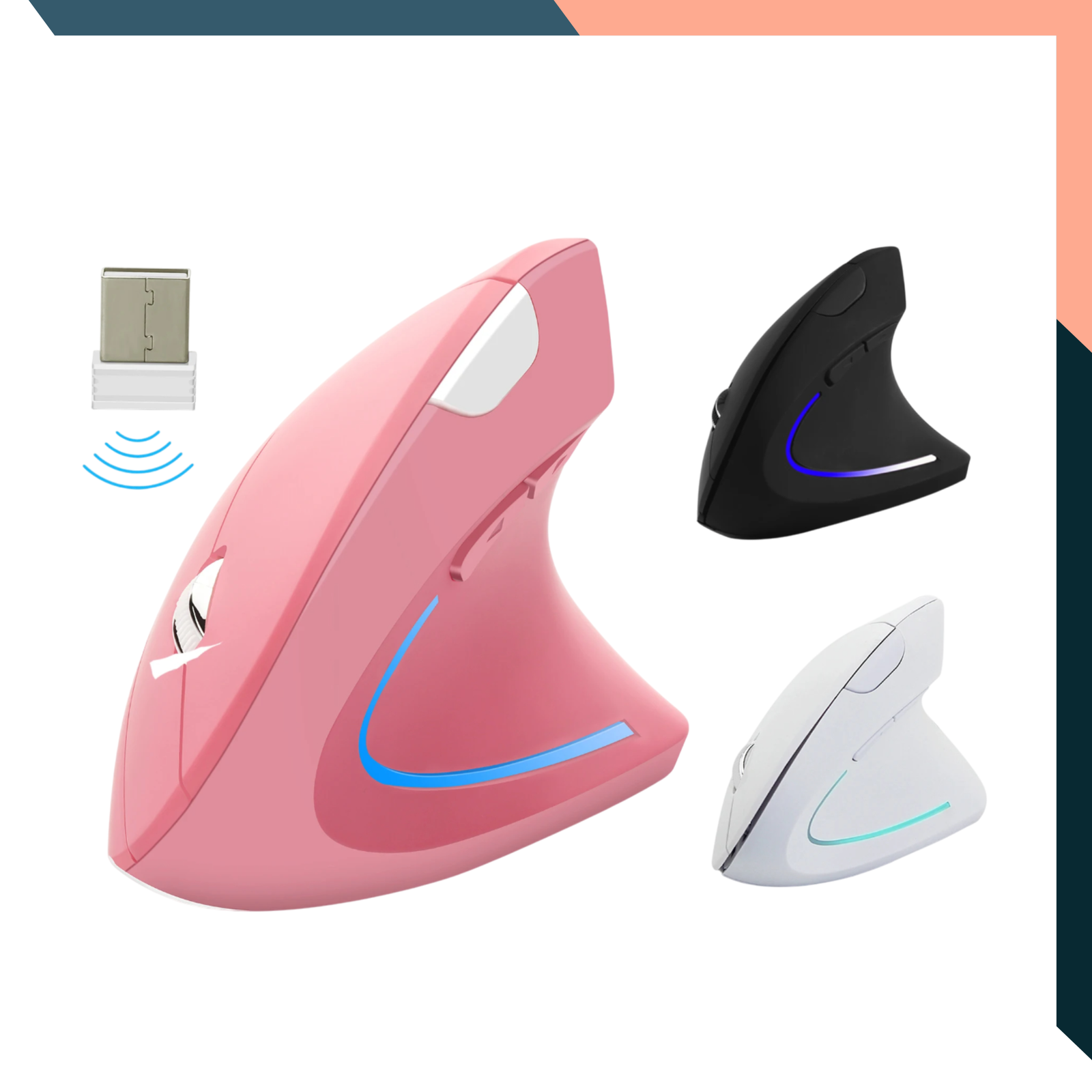Pink Wireless Vertical Mouse – Lightweight, LED, 800/1200/1600 DPI
