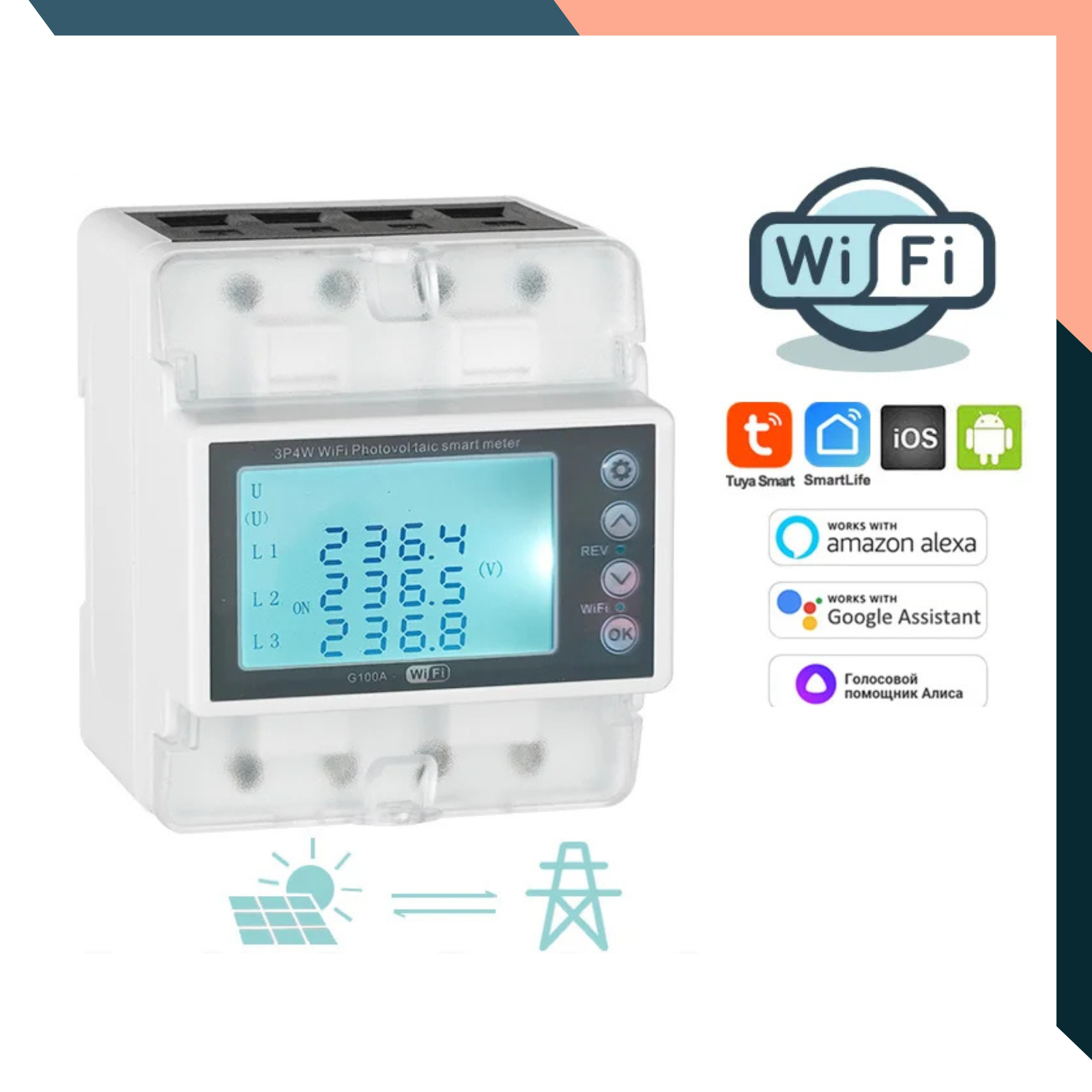 3-Phase 380V 100A Tuya WiFi Smart Energy Meter with Over/Under Voltage & Overload Protection