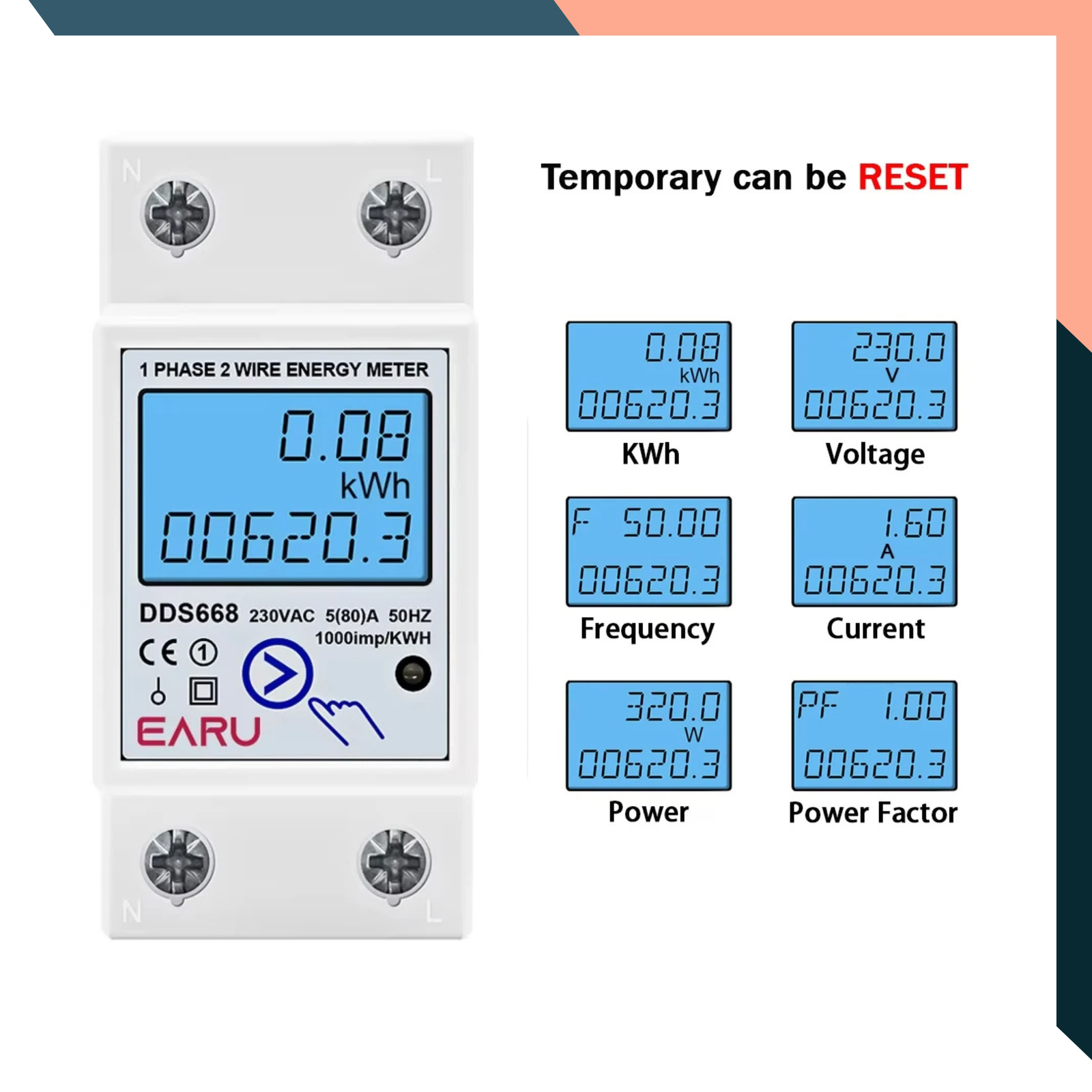 Digital Single Phase Energy Meter – AC 230V/110V 50/60Hz kWh Wattmeter with Reset, Voltage & Power Display, DIN Rail