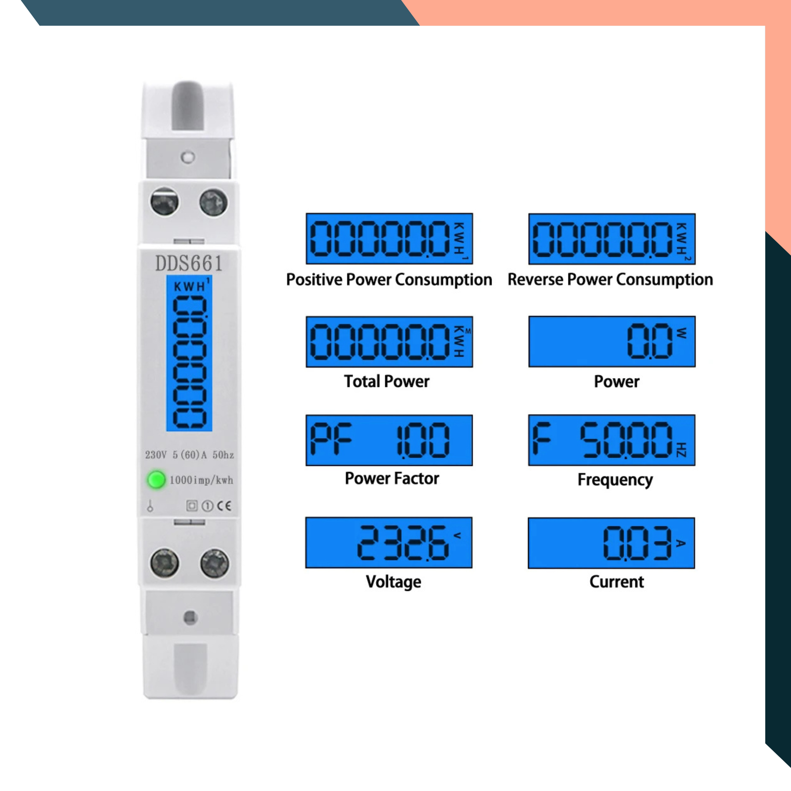 Single Phase LCD Energy Meter – Backlit Digital Wattmeter 60A 110V/230V 50Hz kWh Power Consumption Monitor, DIN Rail
