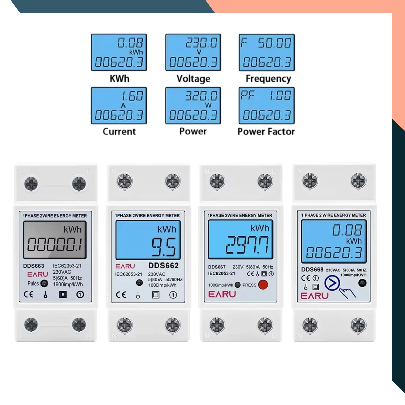 Single Phase LCD Energy Meter – DIN Rail kWh Counter with Reset, Voltage & Power Monitoring 230V