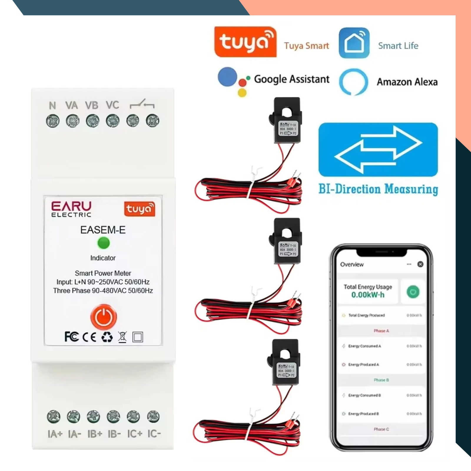 Smart WiFi 3-Phase Energy Monitor with Tuya App & 80A CT Clamps – Bi-Directional kWh Meter