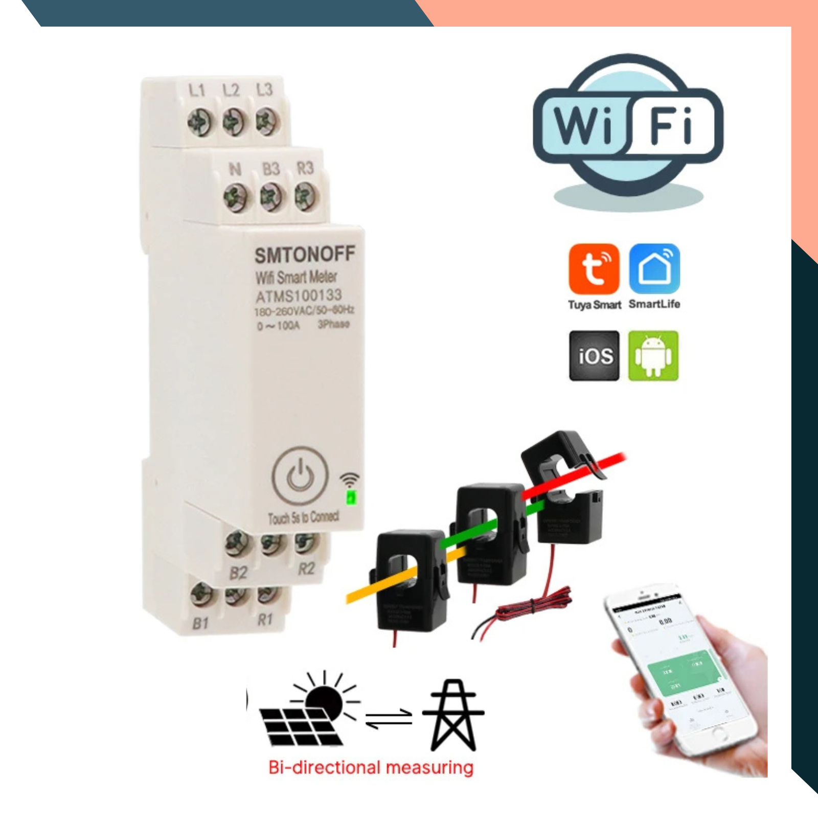 Three-Phase WiFi Smart Energy Meter 100A with Tuya App & External CT