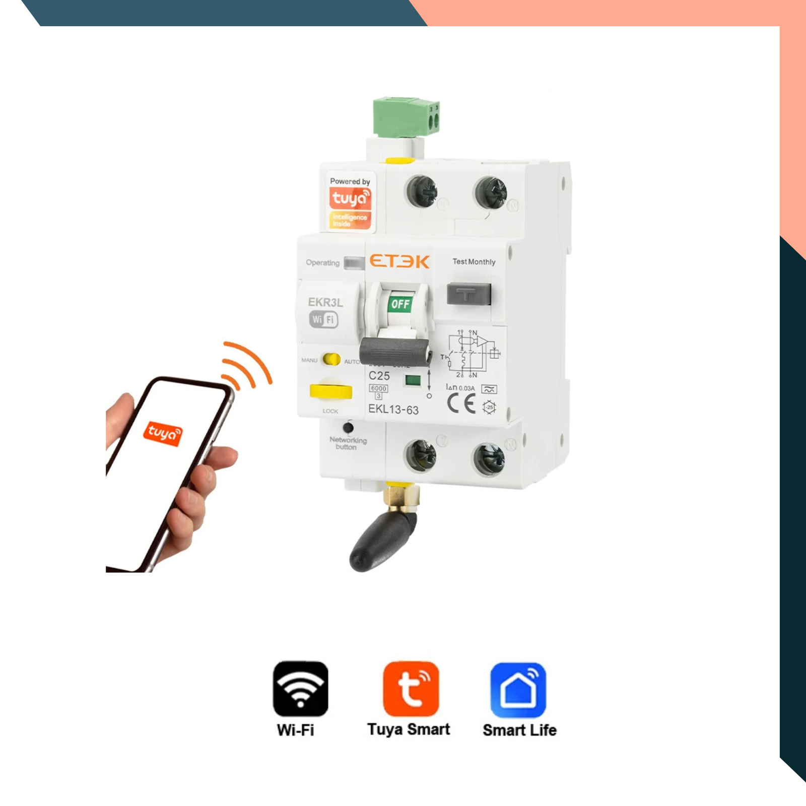 Tuya WiFi Smart RCBO Circuit Breaker – 2P 16A–63A with Timer, Remote Control & Smart Life App Compatibility