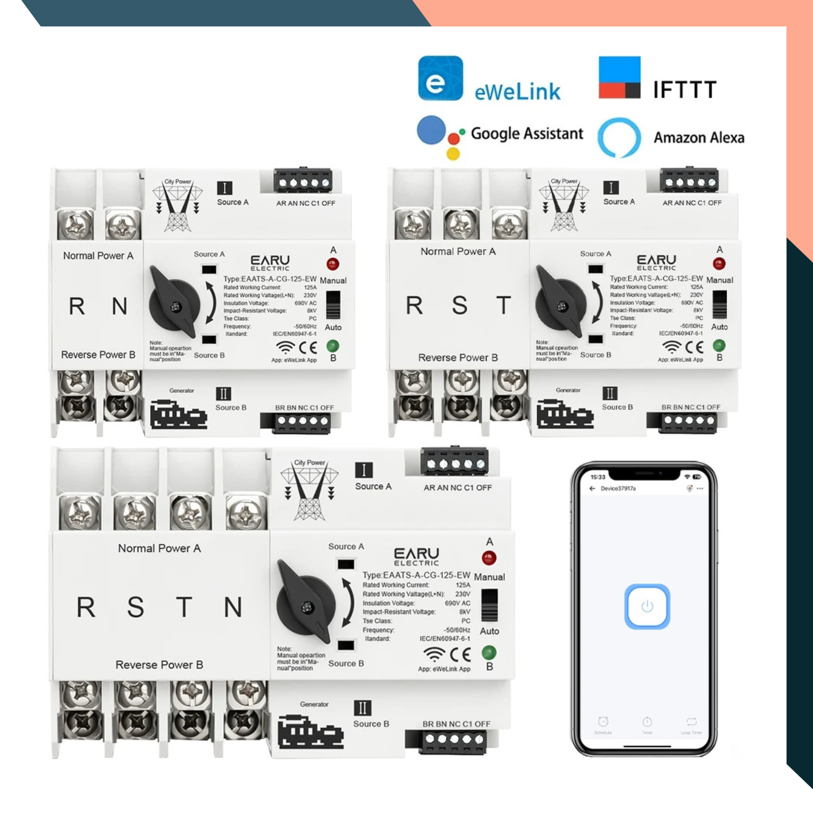 WiFi Smart Automatic Power Transfer Switch 125A | Dual Power 2/3/4P 230V | eWeLink Remote Control