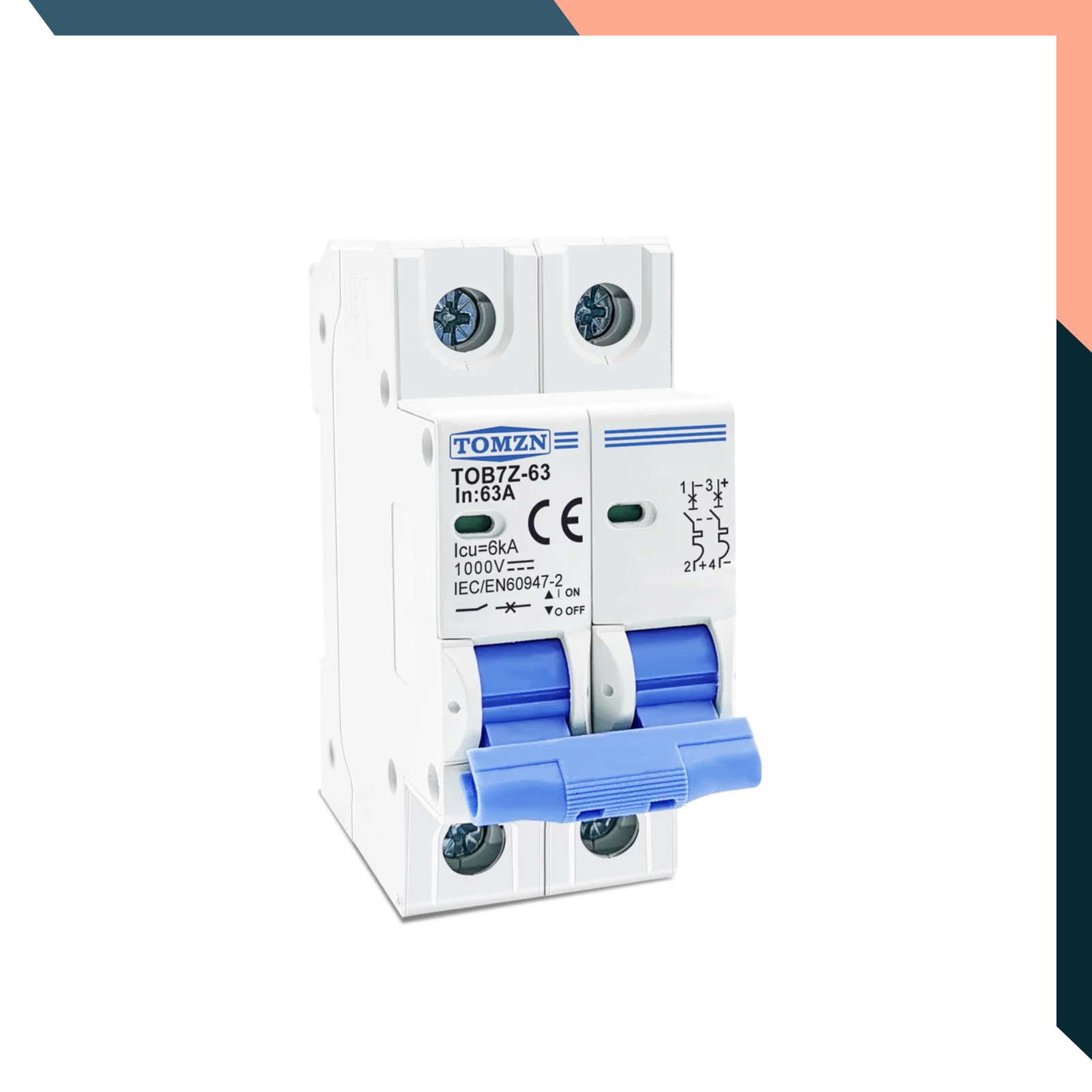 2P DC 1000V Solar MCB Mini Circuit Breaker 3A–63A PV Overload Protector