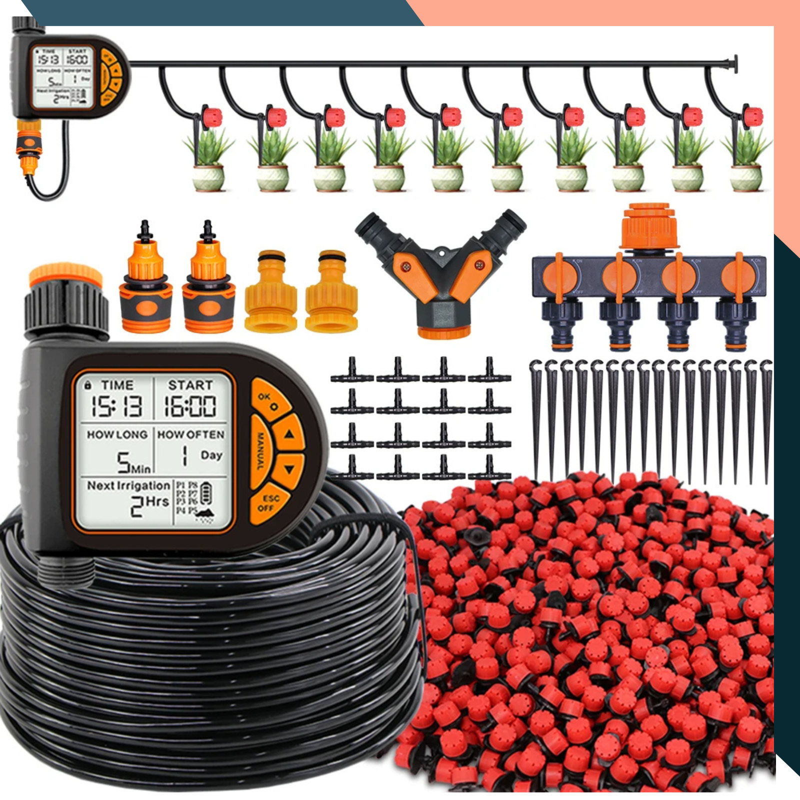 5–20m Smart Garden Irrigation Kit – LCD Timer + Rain Sensor, Auto Watering