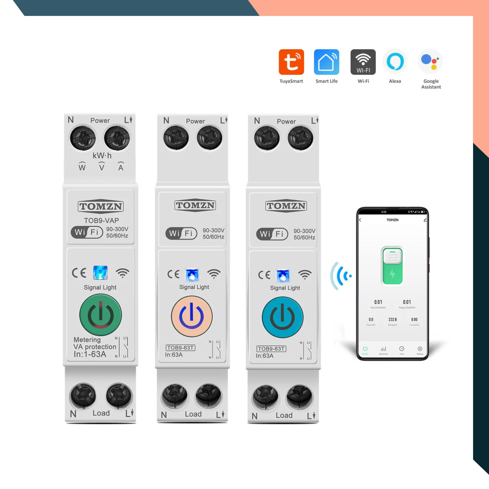 WiFi Smart Circuit Breaker 1P+N 63A Timer Energy Meter Tuya MCB