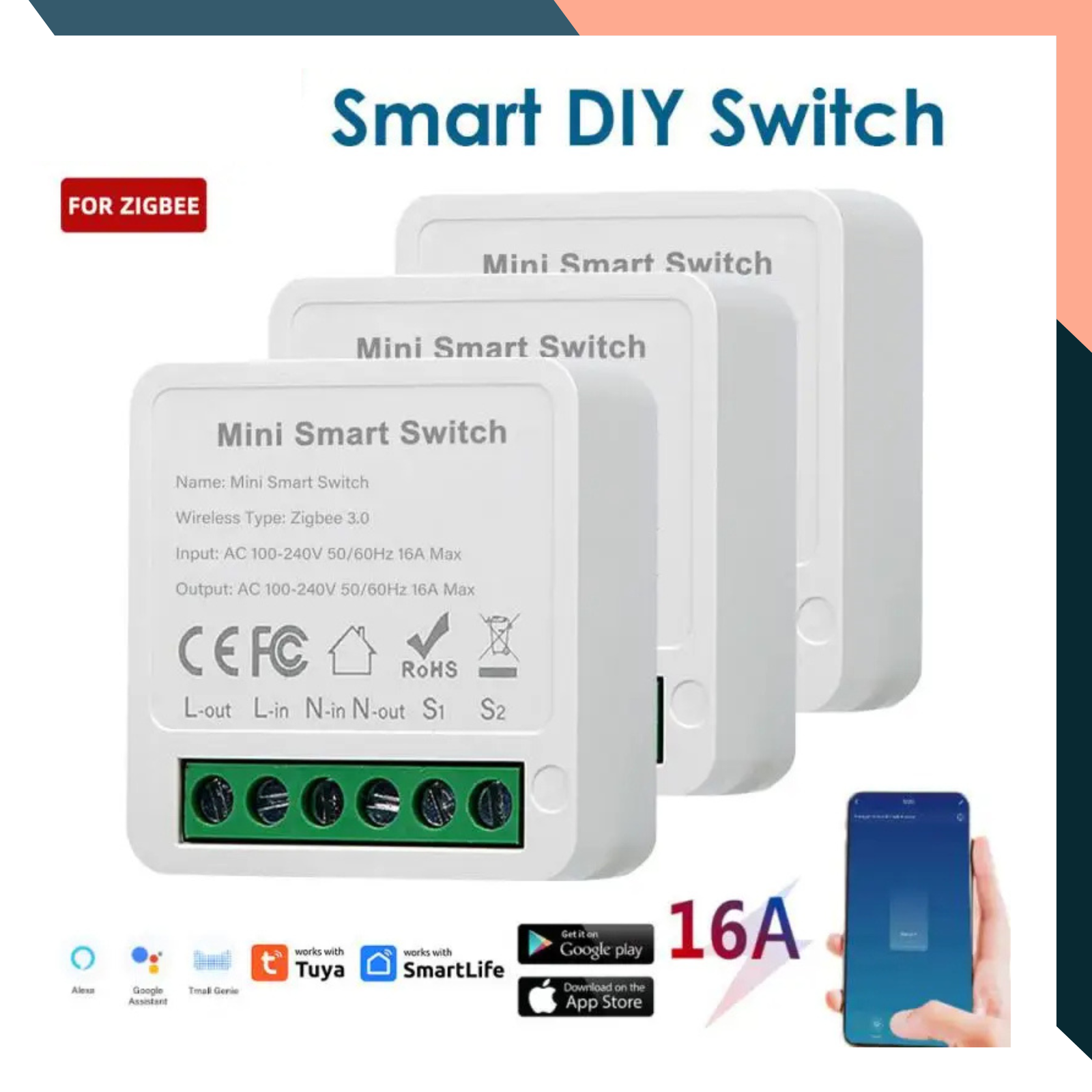 Aubess Zigbee Smart Switch 1/2/3/4CH 10A/16A Tuya 2-Way Alexa Google