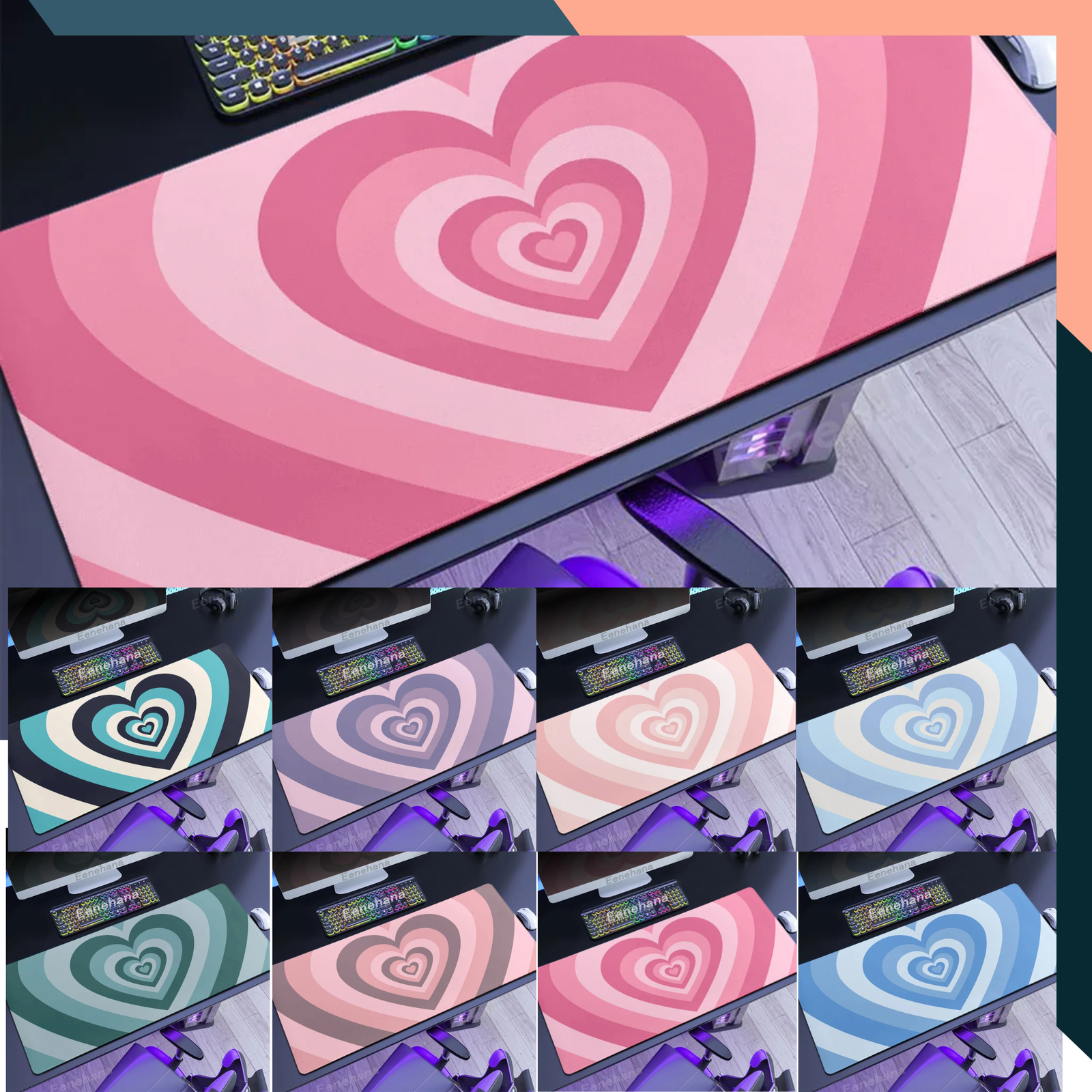 Colourful heart-patterned gaming mouse pad XXL Gaming Mouse Pad Large Desk Mat Cute Heart Print Non-Slip Colourful