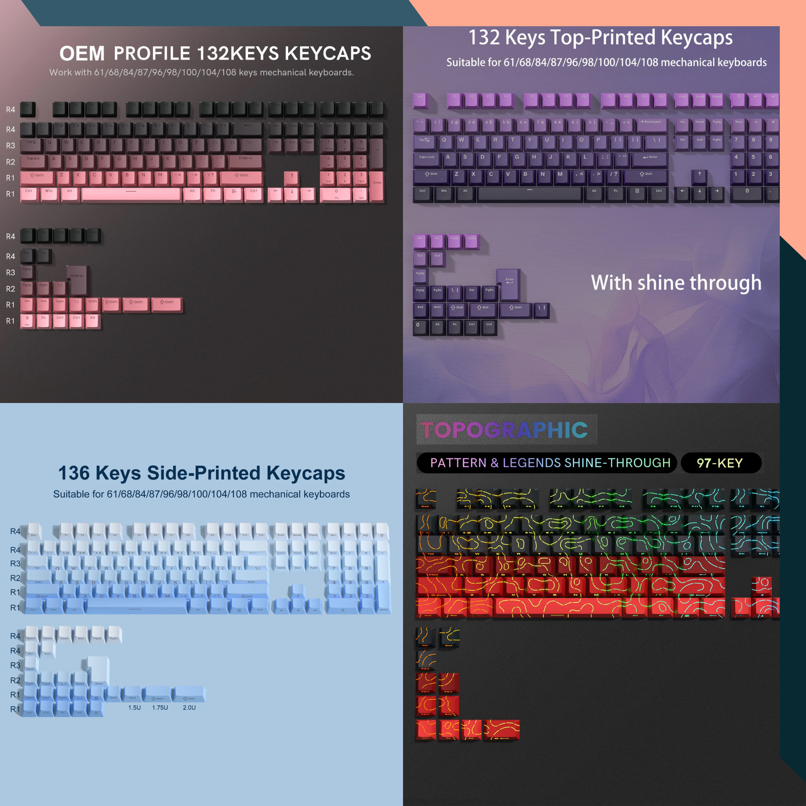 134-Key PBT Topographic Keycaps Backlit Side Print for MX Mechanical KB