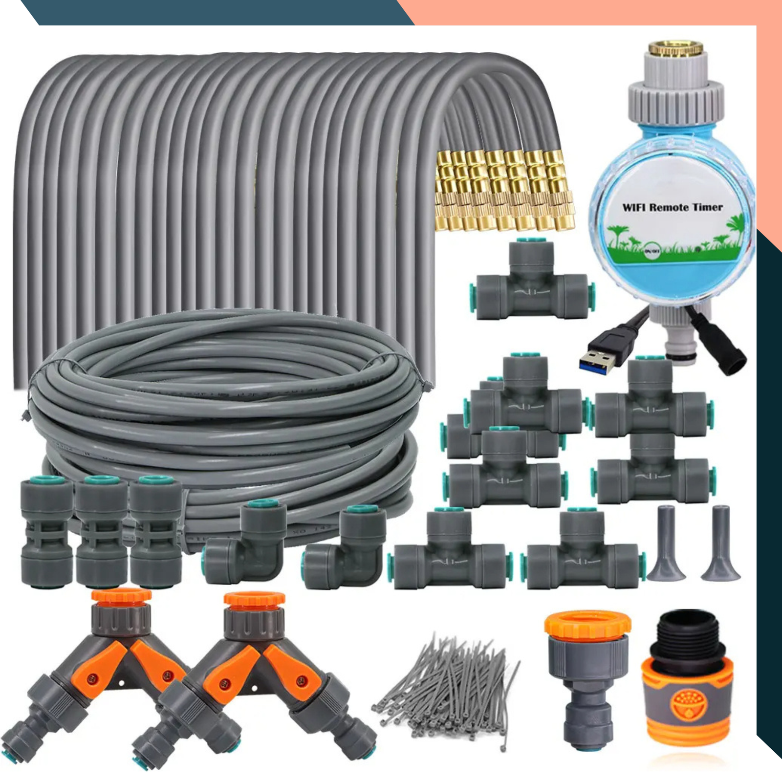 5–30M Brass Misting Kit for 1/4" Hose Smart Timer Irrigation Garden Lawn