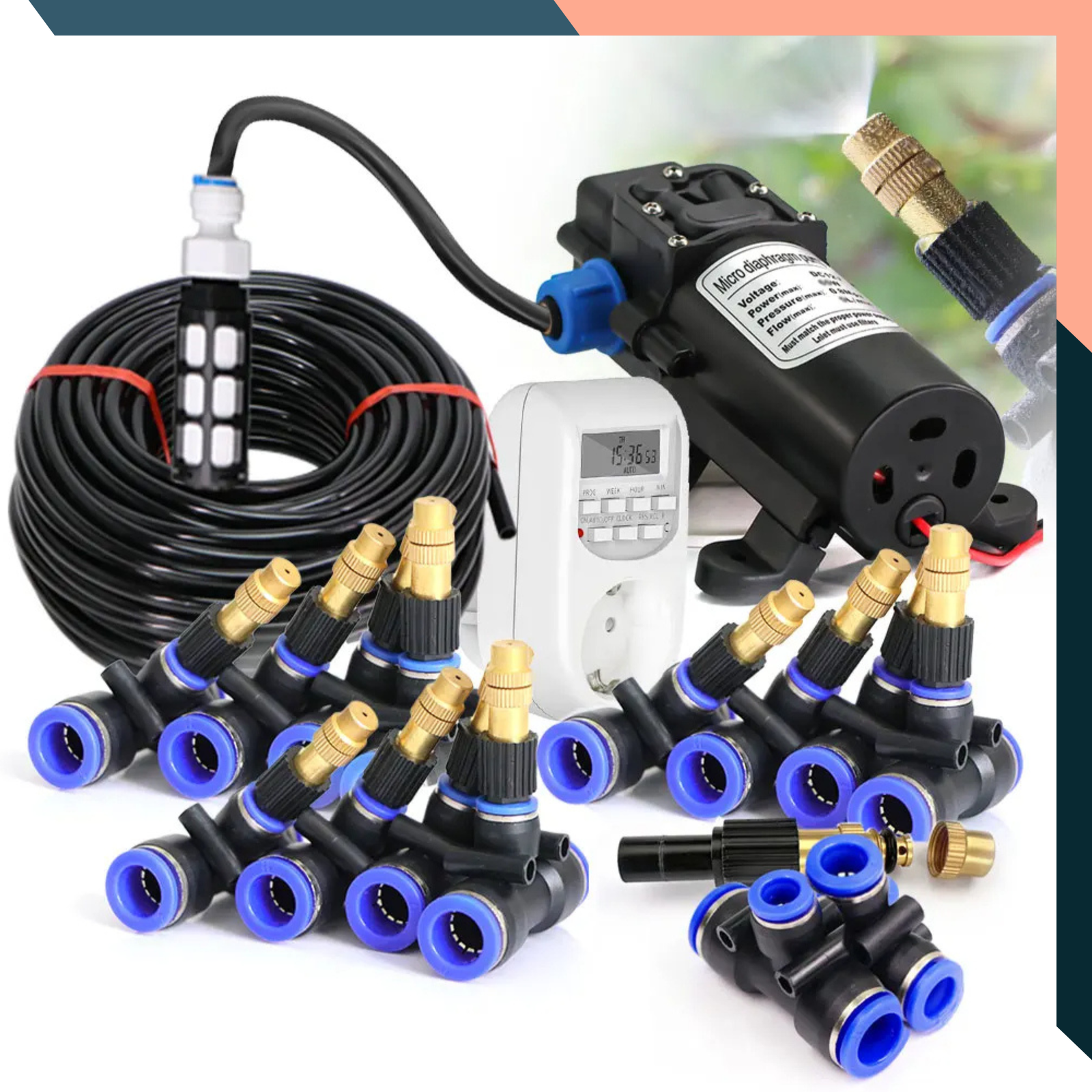 Automatic Garden Misting Kit with Timer – 110–220V Self-Priming Pump, Brass Nozzle, 8mm PE Hose for Greenhouse, Garden, and Lawn Irrigation