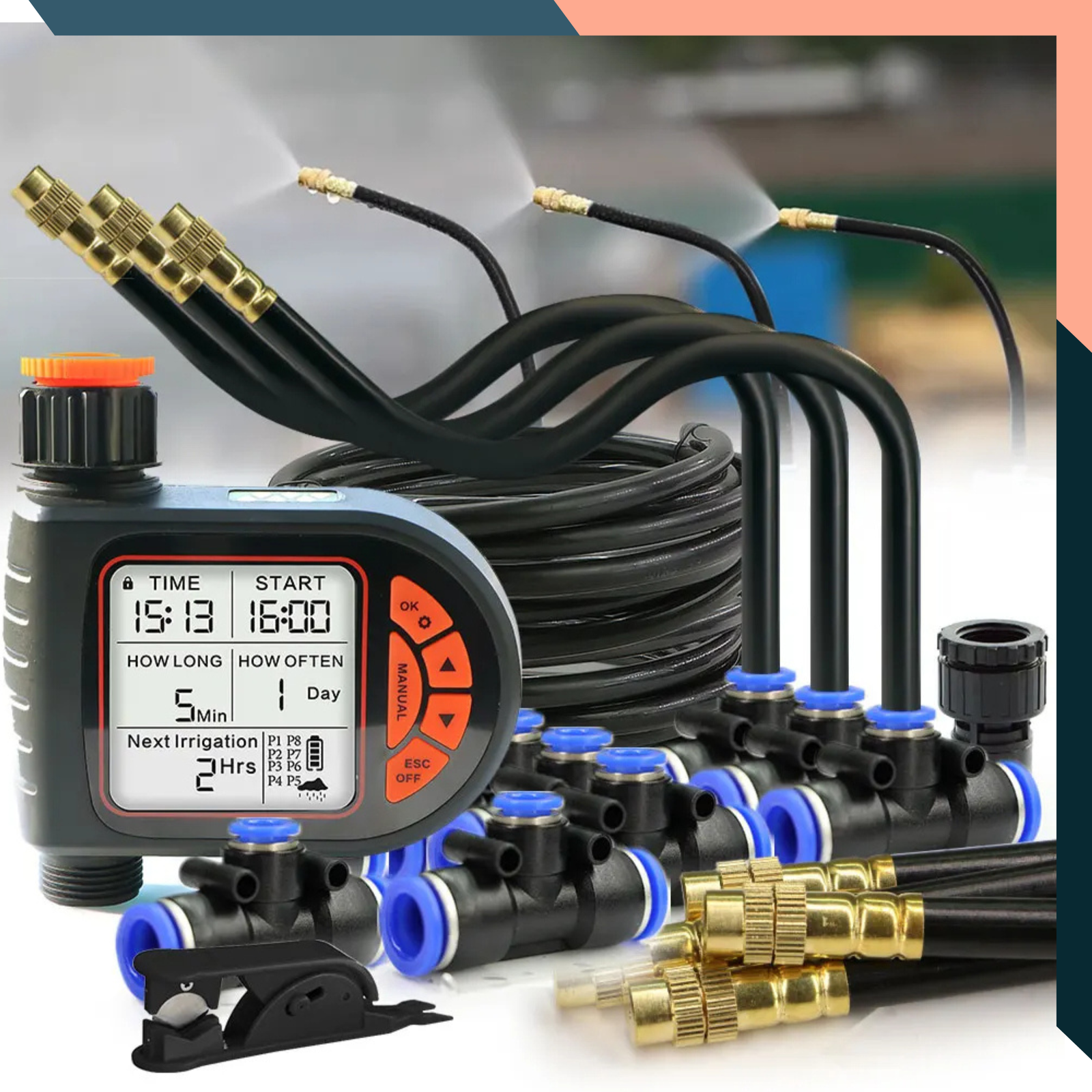 Garden Rain Sensor Auto Misting Kit 9/12mm Hose Sprayer Timer System