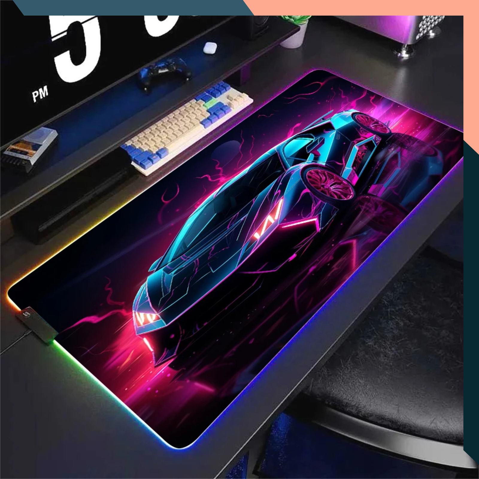 RGB Gaming Mouse Pad Futuristic Sports Car LED Non Slip Desk Mat Large 900mm