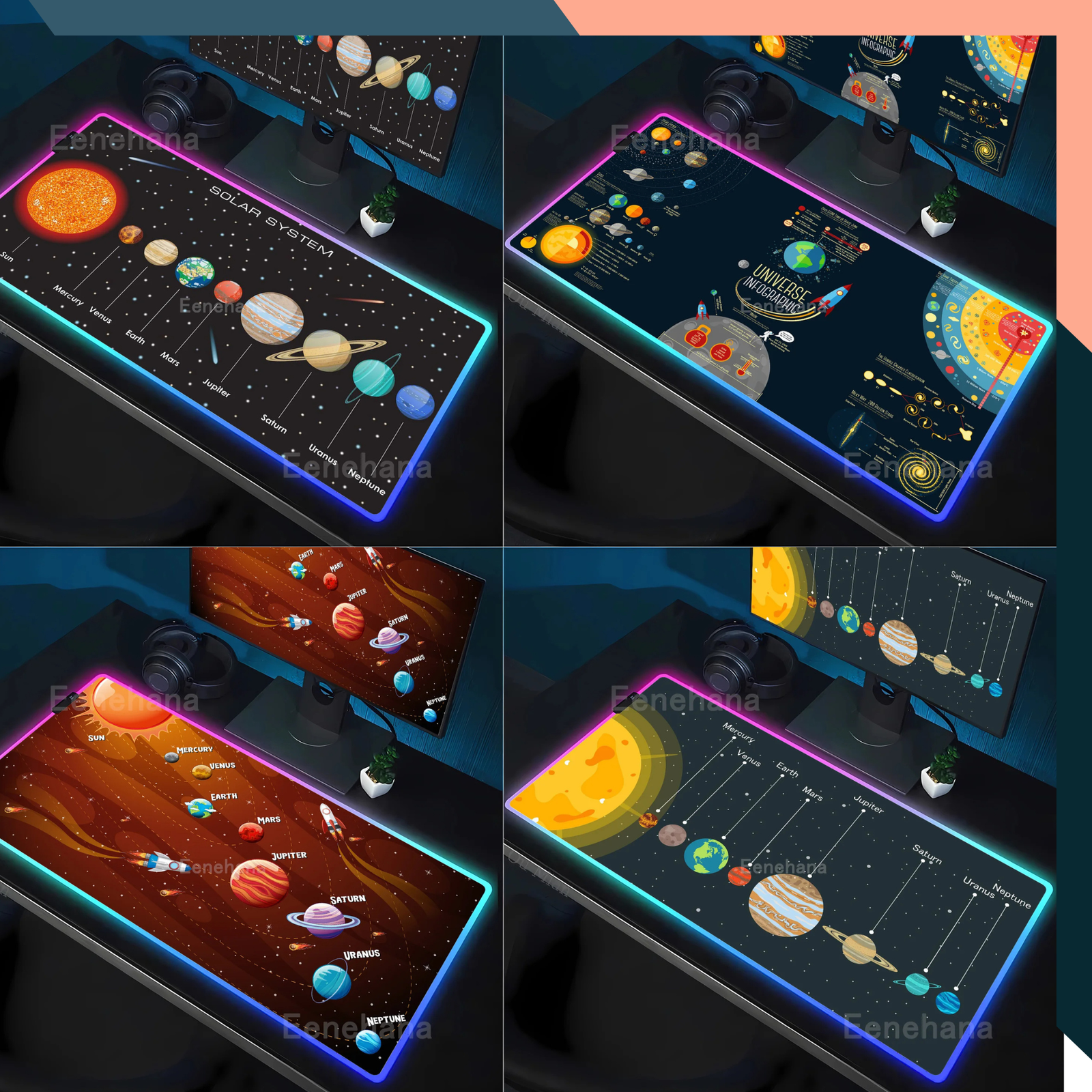 RGB Gaming Mouse Pad Space Universe Solar System LED XXL Anti-Slip Desk Mat