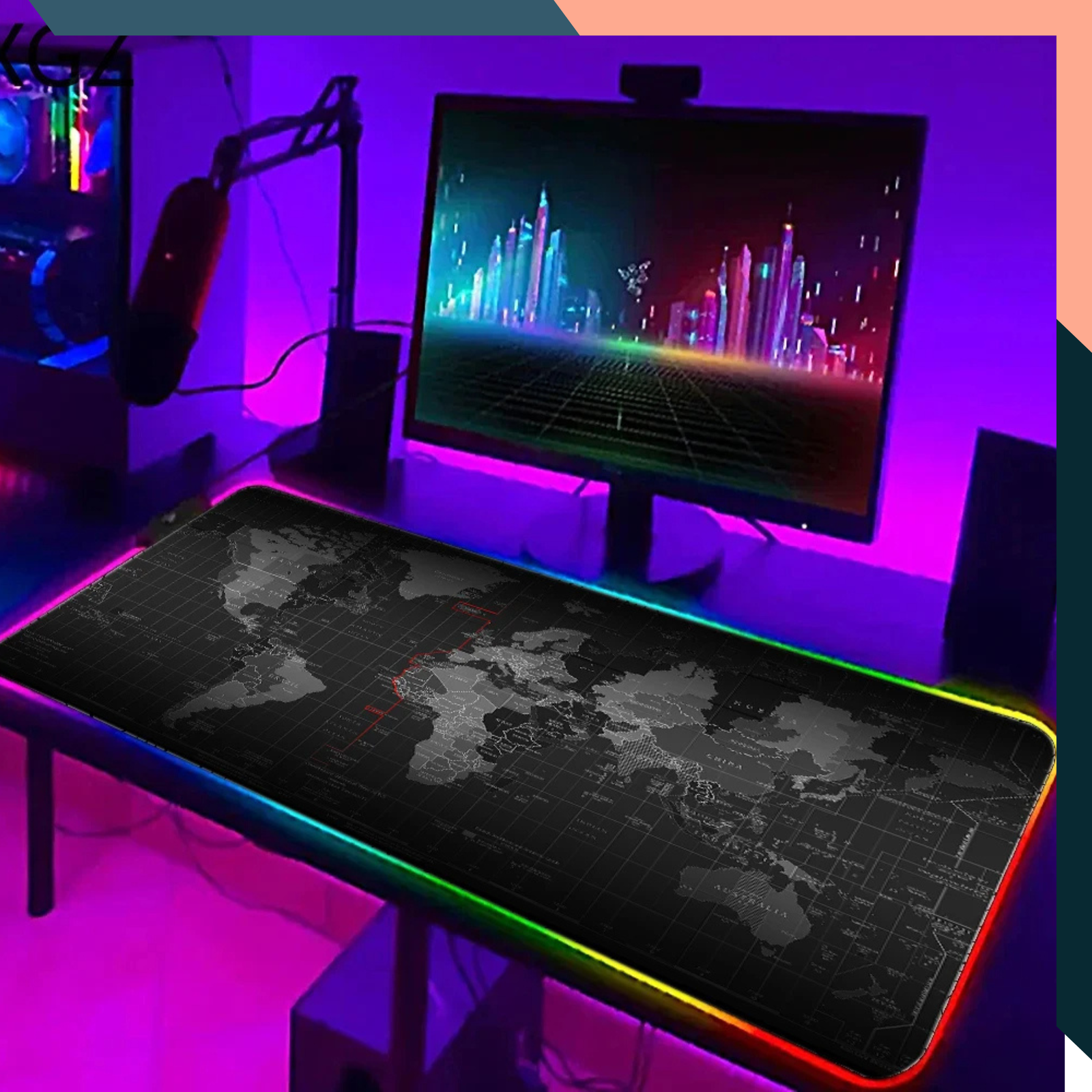RGB LED Gaming Mouse Pad 80x30cm World Map Design Non-Slip Backlit Desk Mat