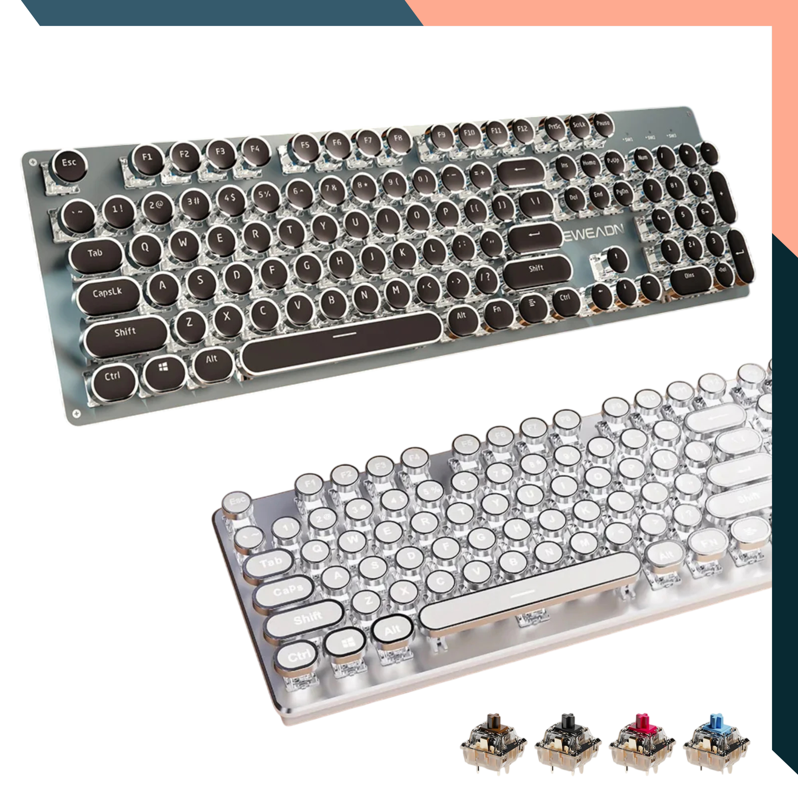 Retro Typewriter Gaming Keyboard 104 Keys RGB Backlit USB Wired for PC