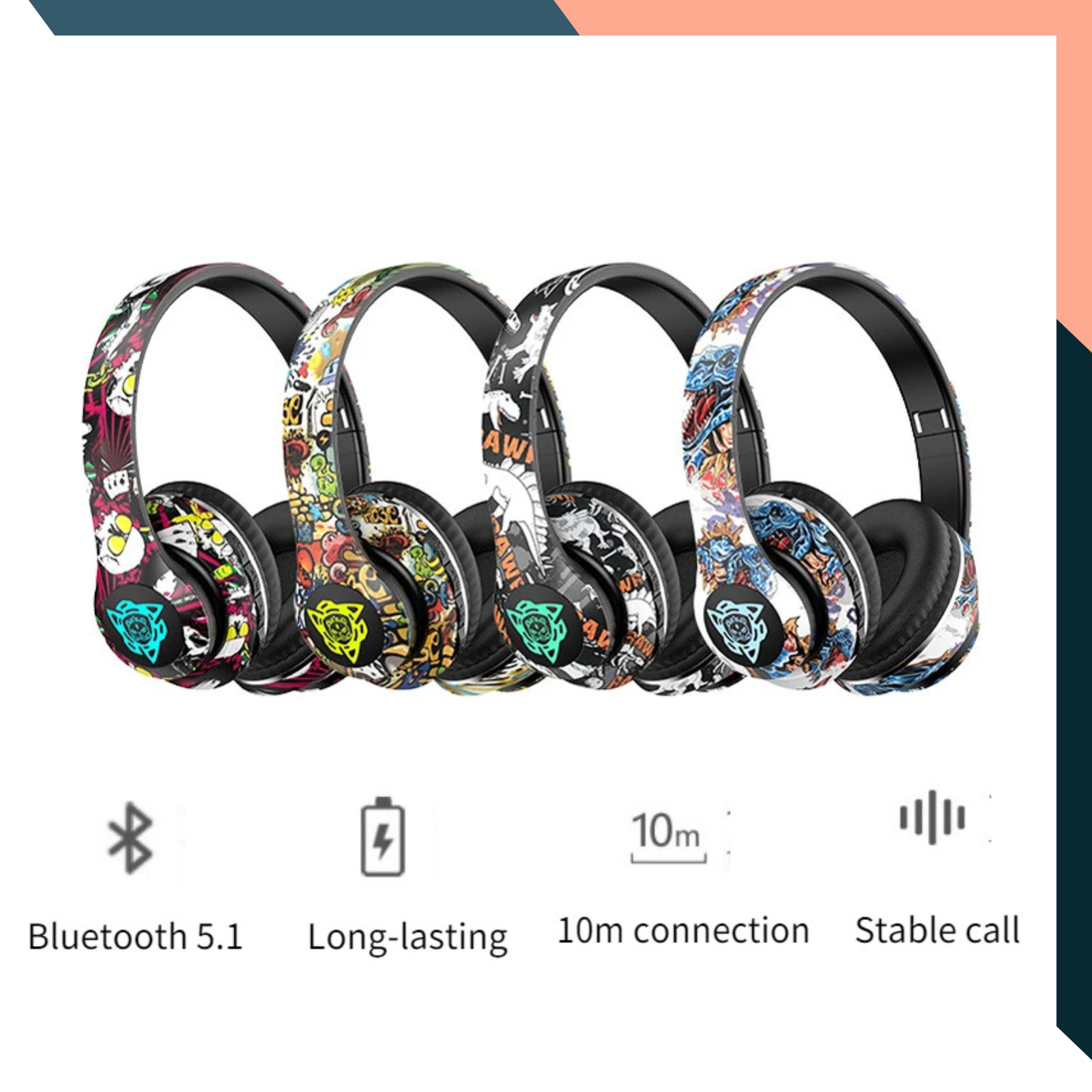 Wireless Graffiti Headset Bluetooth 5.1 RGB Kids Gamer Earphones TF Card