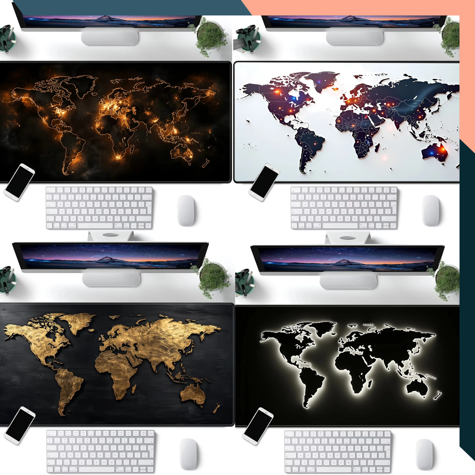 World Map Gaming Mouse Pad XXL Extended Desk Mat Gold Black 60–90cm for PC Laptop