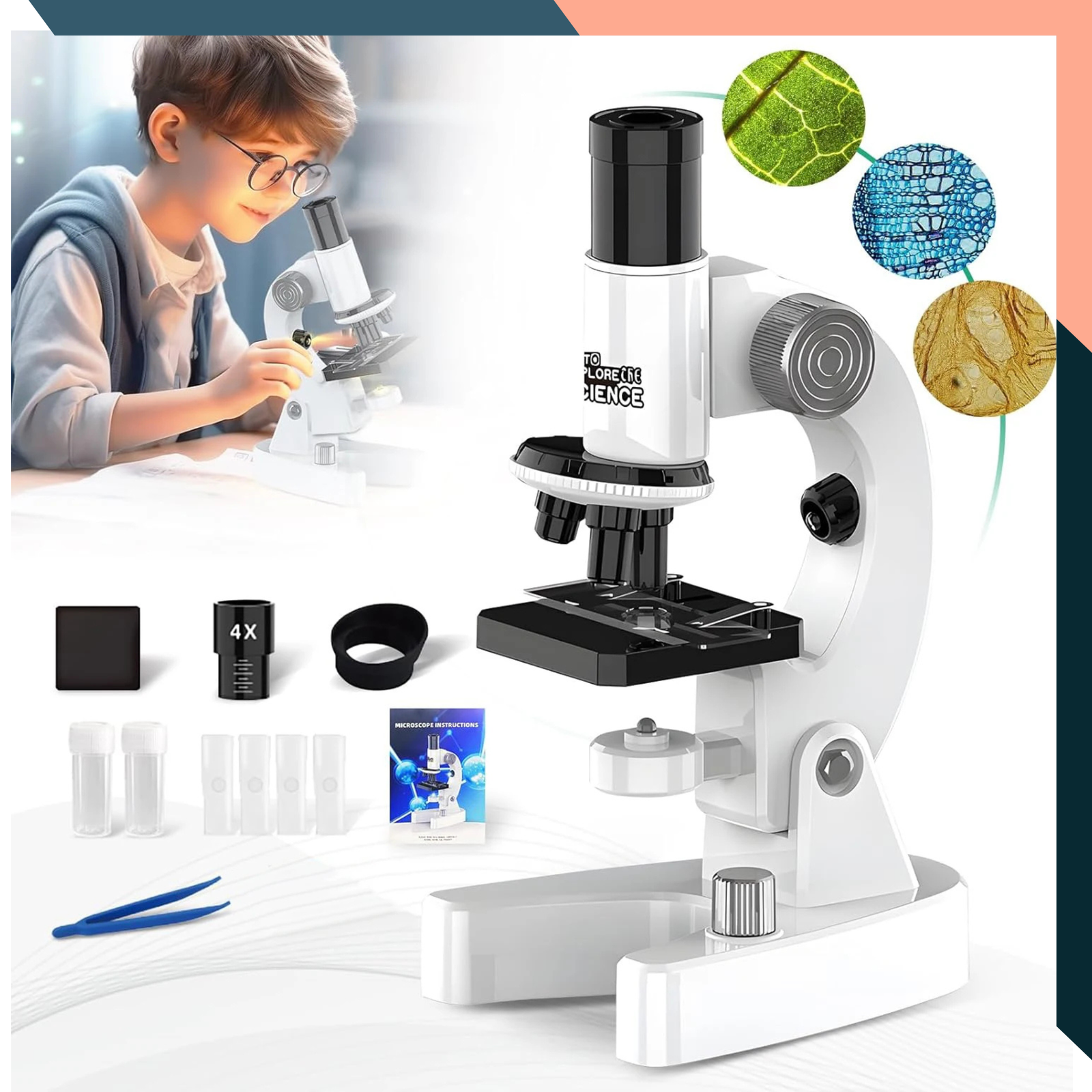 4800X Kids Microscope HD Dual LED Lights Elementary Science Biology Kit