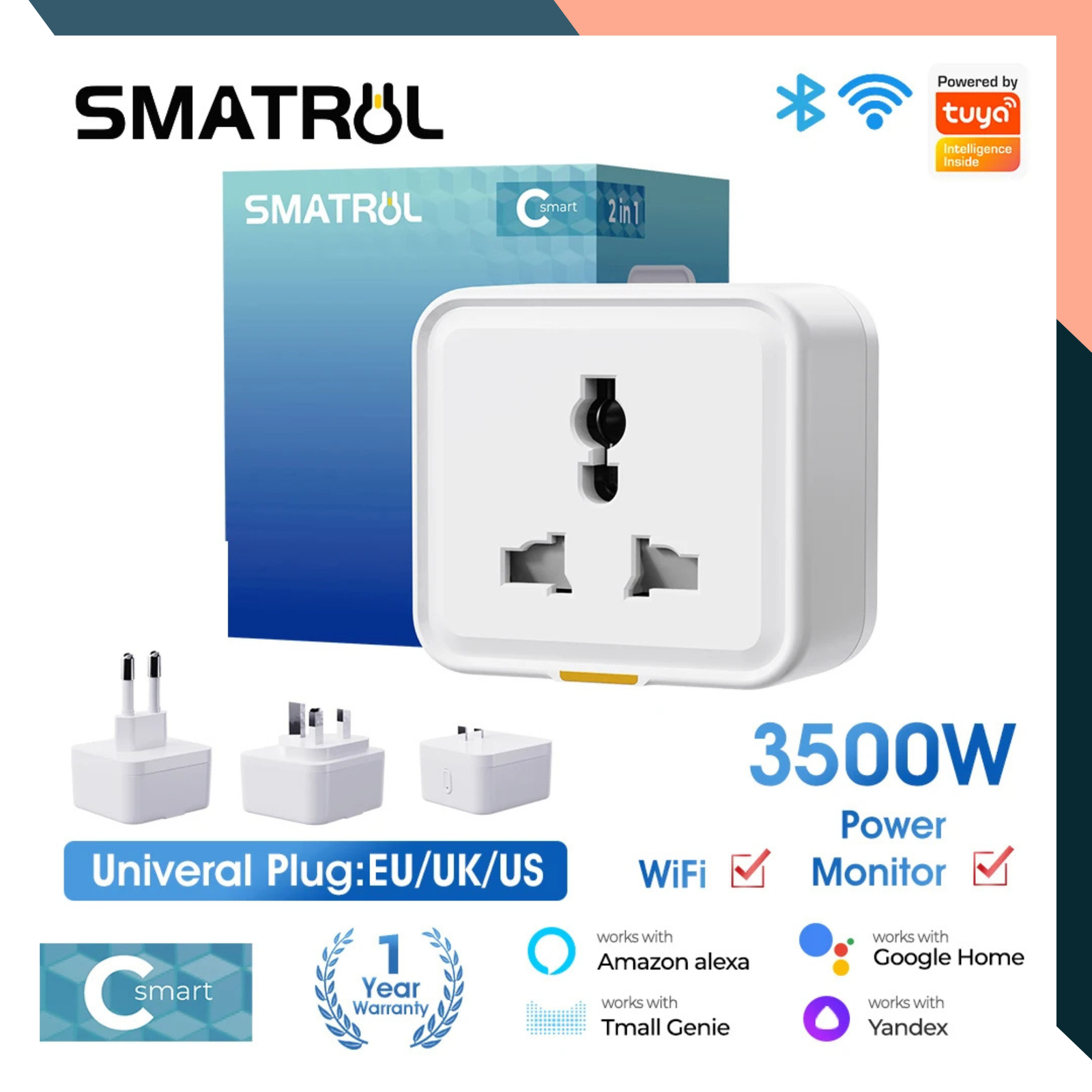 TUYA Universal Smart Plug WiFi UK EU US 16A Travel Adapter with Power Monitor