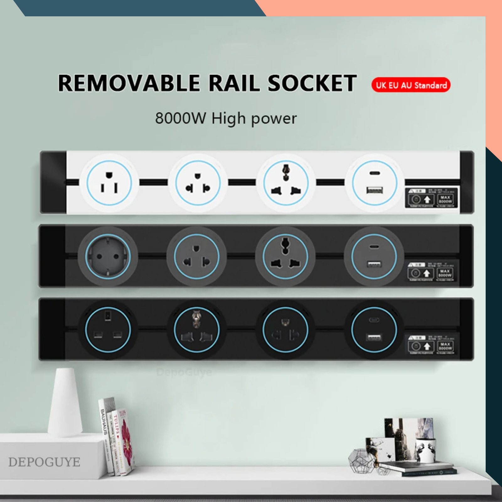 Wall Power Track Socket EU UK FR Standard Adjustable Wall Socket Power Strip