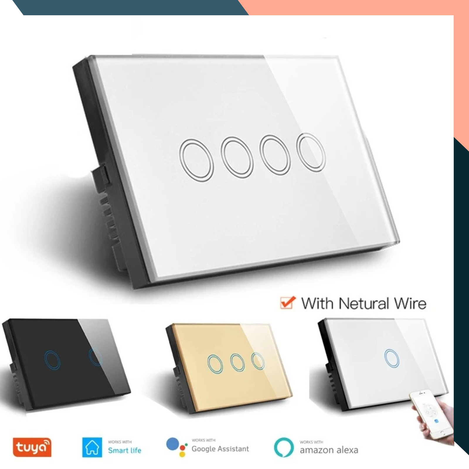 WiFi Smart Touch Light Switch 1/2/3/4 Gang Works with Tuya Alexa Google Home