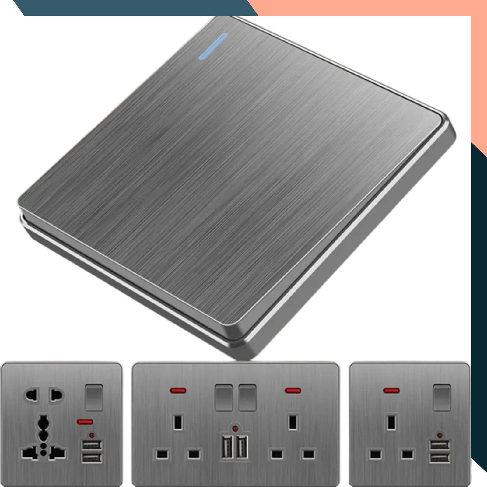 Grey 13A Dual Wall Socket with 2 USB Ports 2.1A Modern British Standard