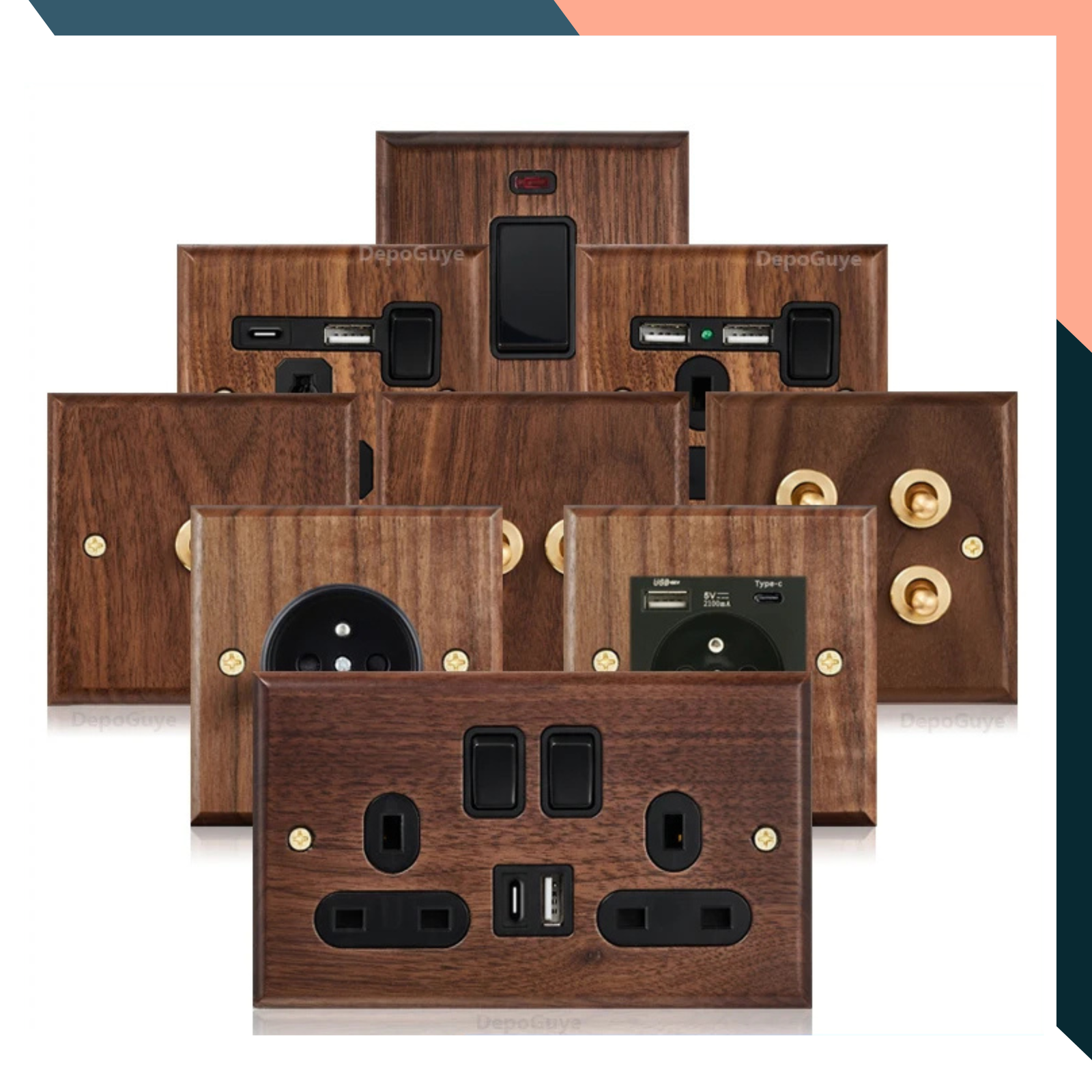 Retro Toggle Light Switch Black Walnut USB Wall Socket Brass Vintage Panel