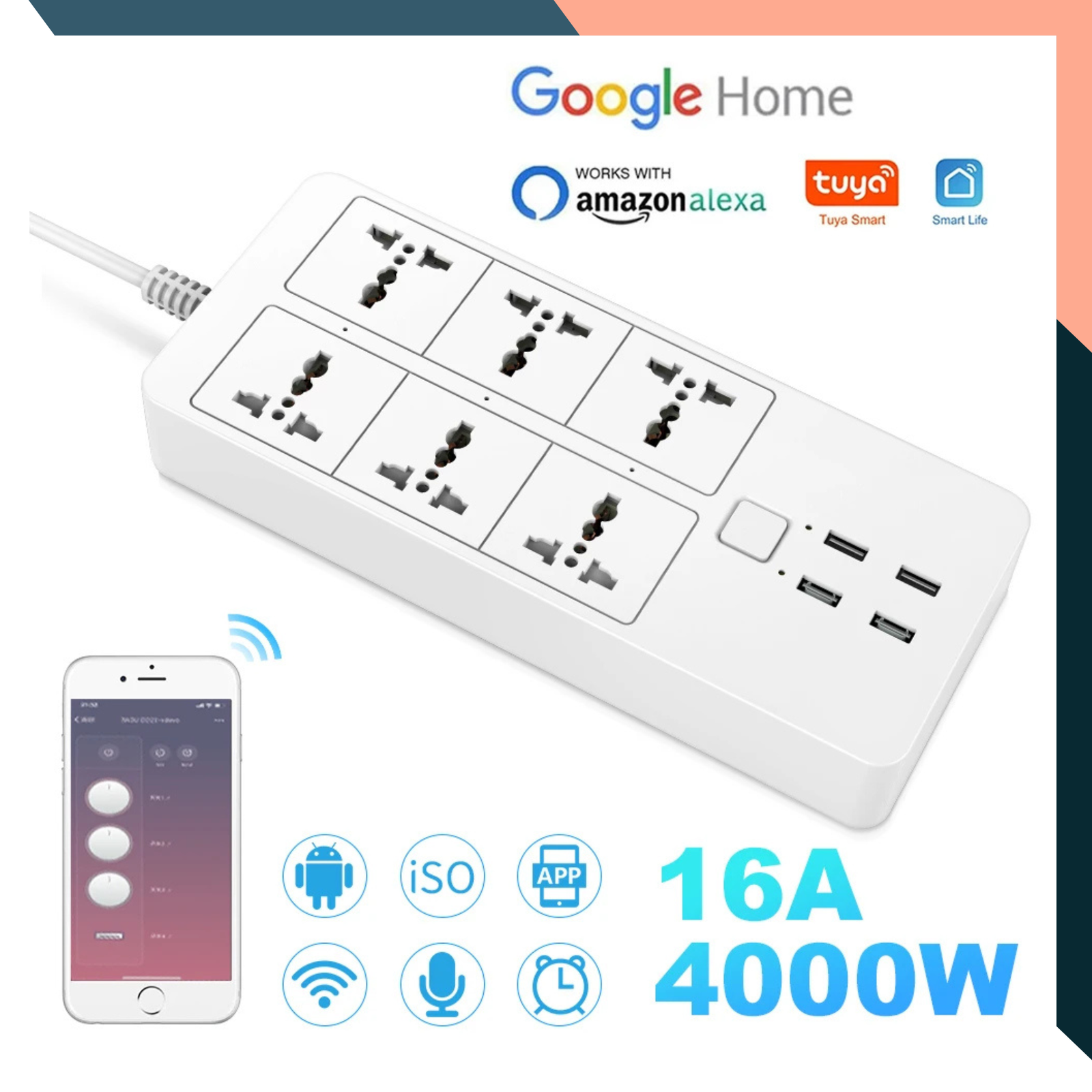 Smart WiFi Power Strip 6 Way with 4 USB Ports Alexa Google App Control