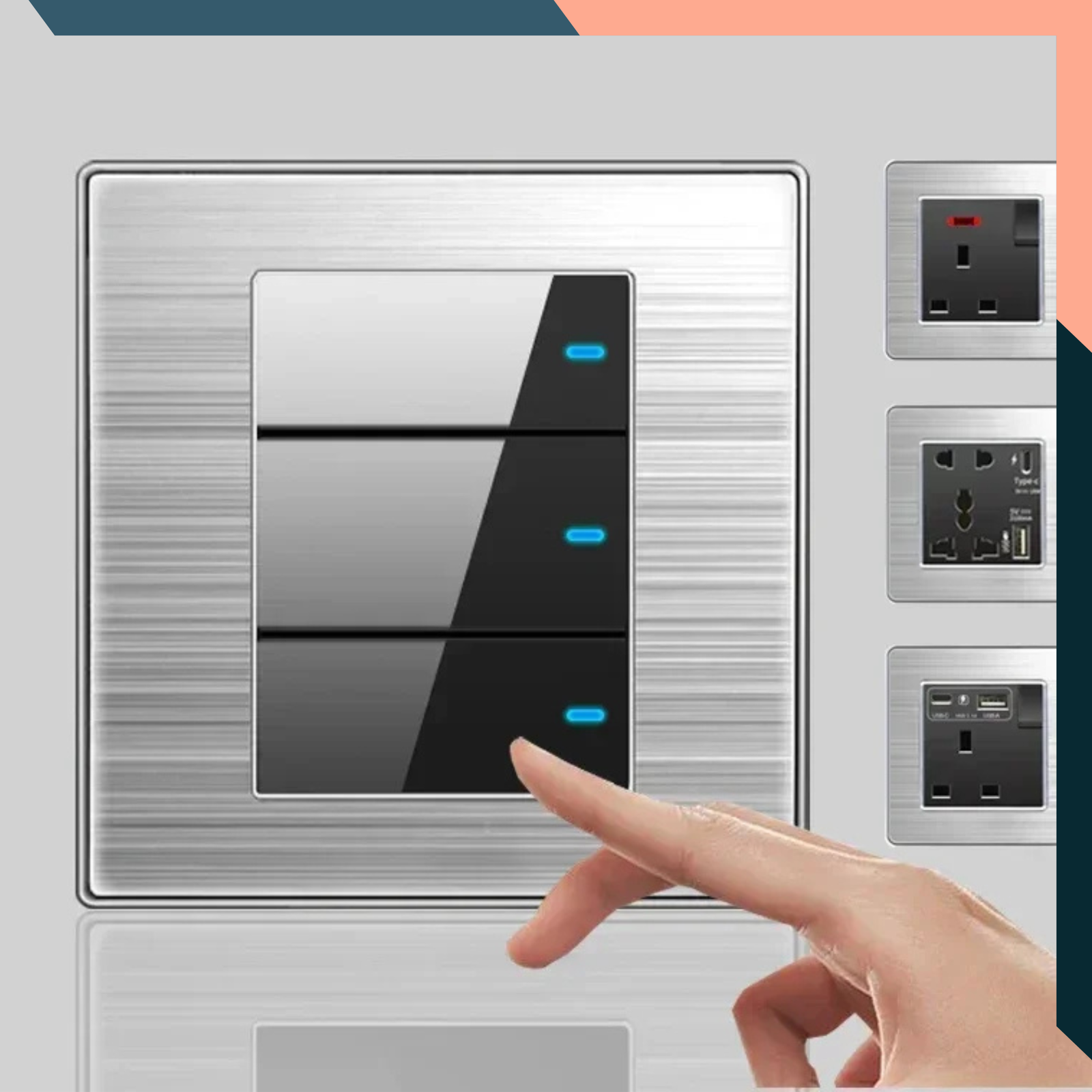 Stainless Steel Wall Switch with USB Type-C Fast Charging LED Light UK