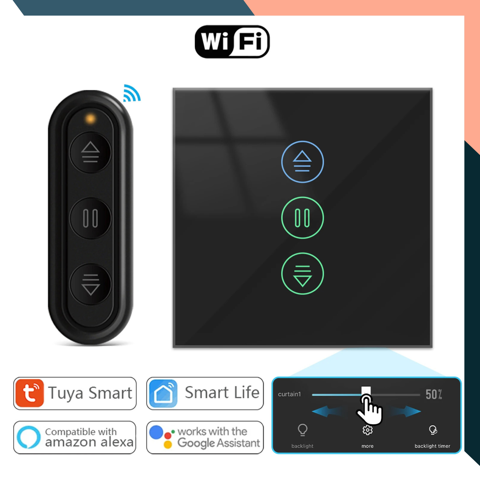 Tuya Smart Curtain Switch Black WiFi Roller Blinds Controller with Alexa App