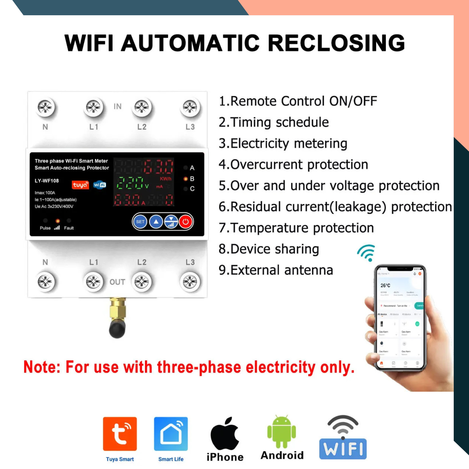 Tuya WiFi 3-Phase 4P 100A Auto-Reclosing Voltage Protector Meter Smart Switch