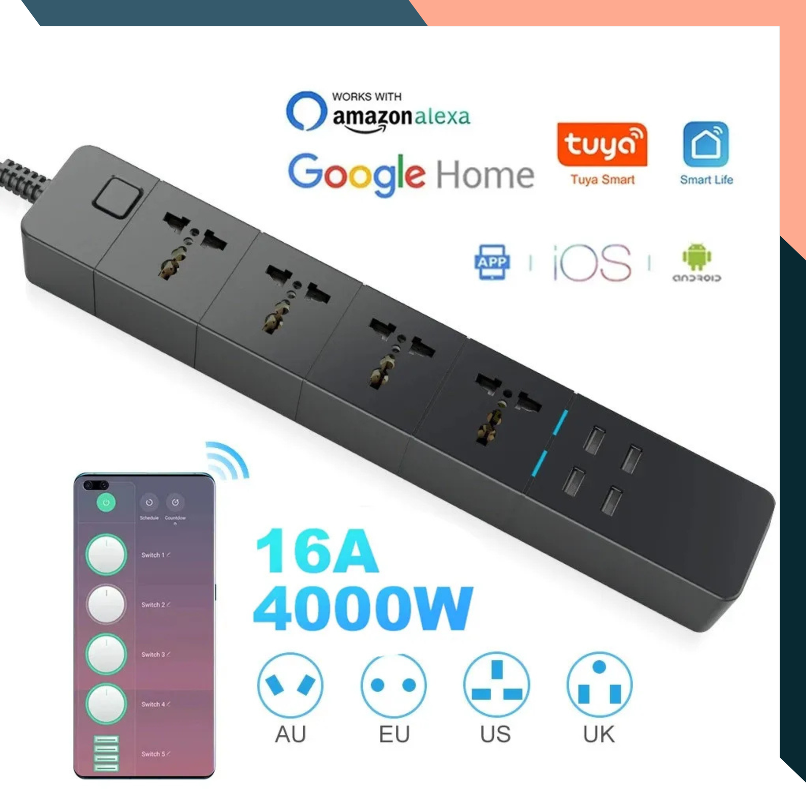 WiFi Smart Power Strip 4 Way with 4 USB Ports Tuya Alexa Google Control WiFi Smart Power Strip 4 Way with 4 USB Ports Tuya Alexa Google Control