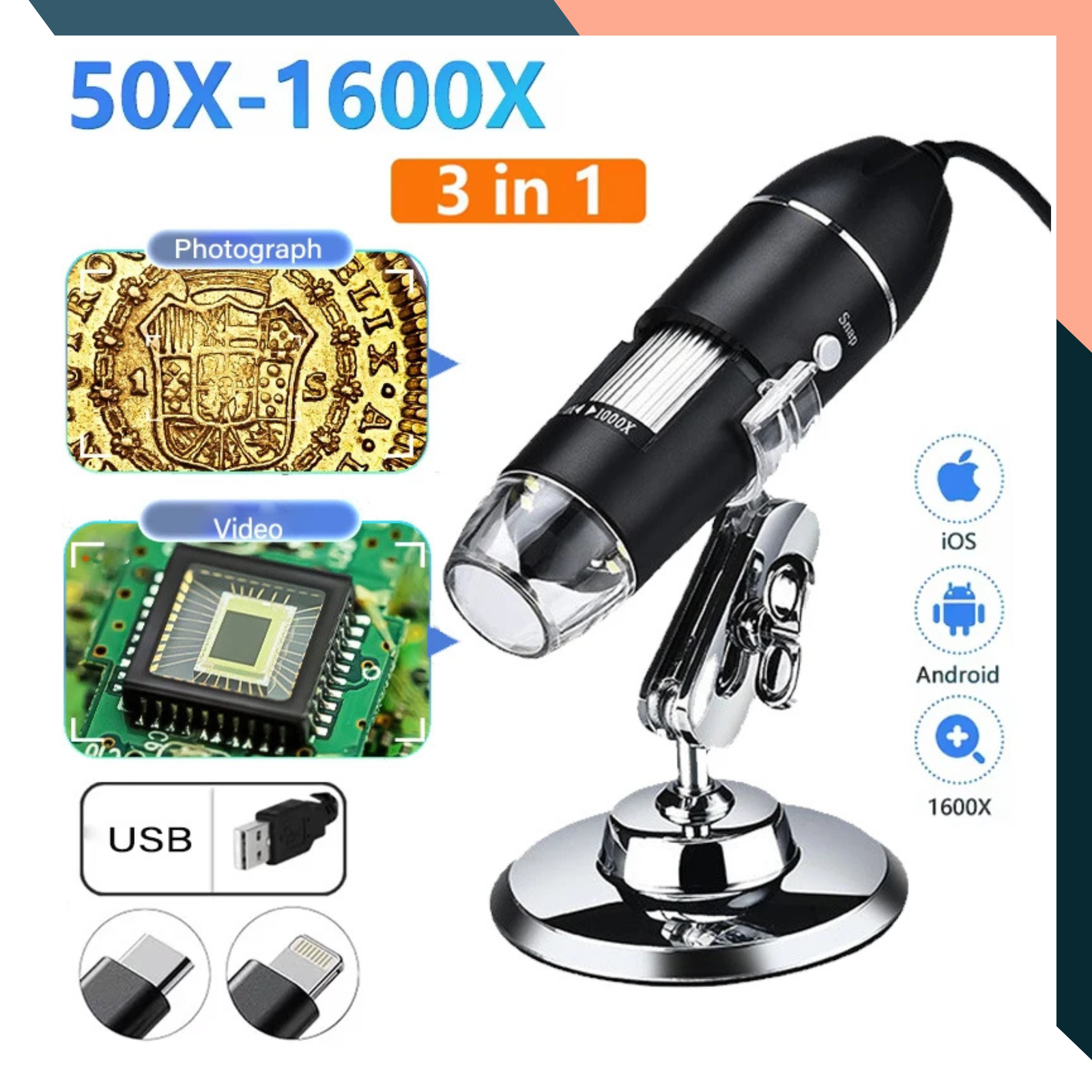 1600X USB Digital Microscope Type-C 1000X 500X Soldering PCB Phone Repair Cam