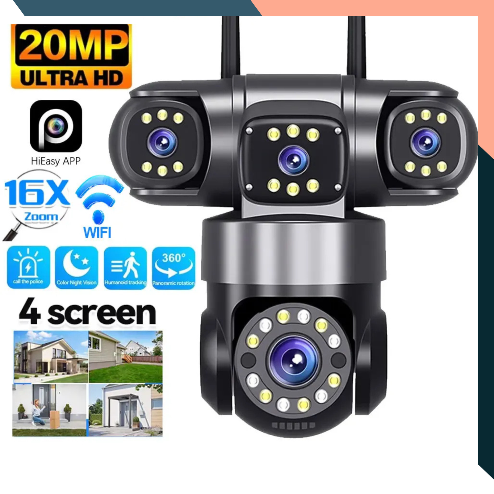 4 Lens WiFi CCTV Camera 4 Screen PTZ 16X Zoom Outdoor IP66 20MP
