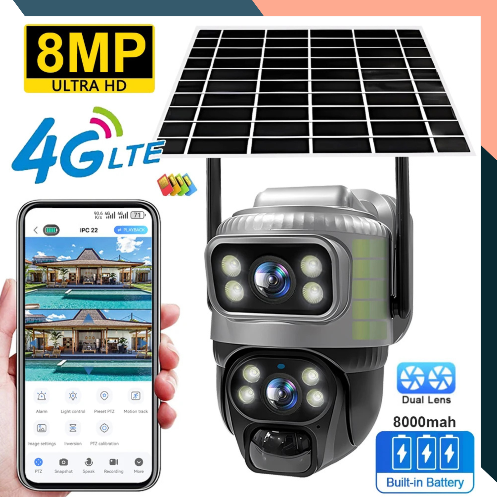 4G Solar Battery CCTV Camera Dual Lens PTZ PIR Outdoor No WiFi 4G Solar Battery CCTV Camera Dual Lens PTZ PIR Outdoor No WiFi