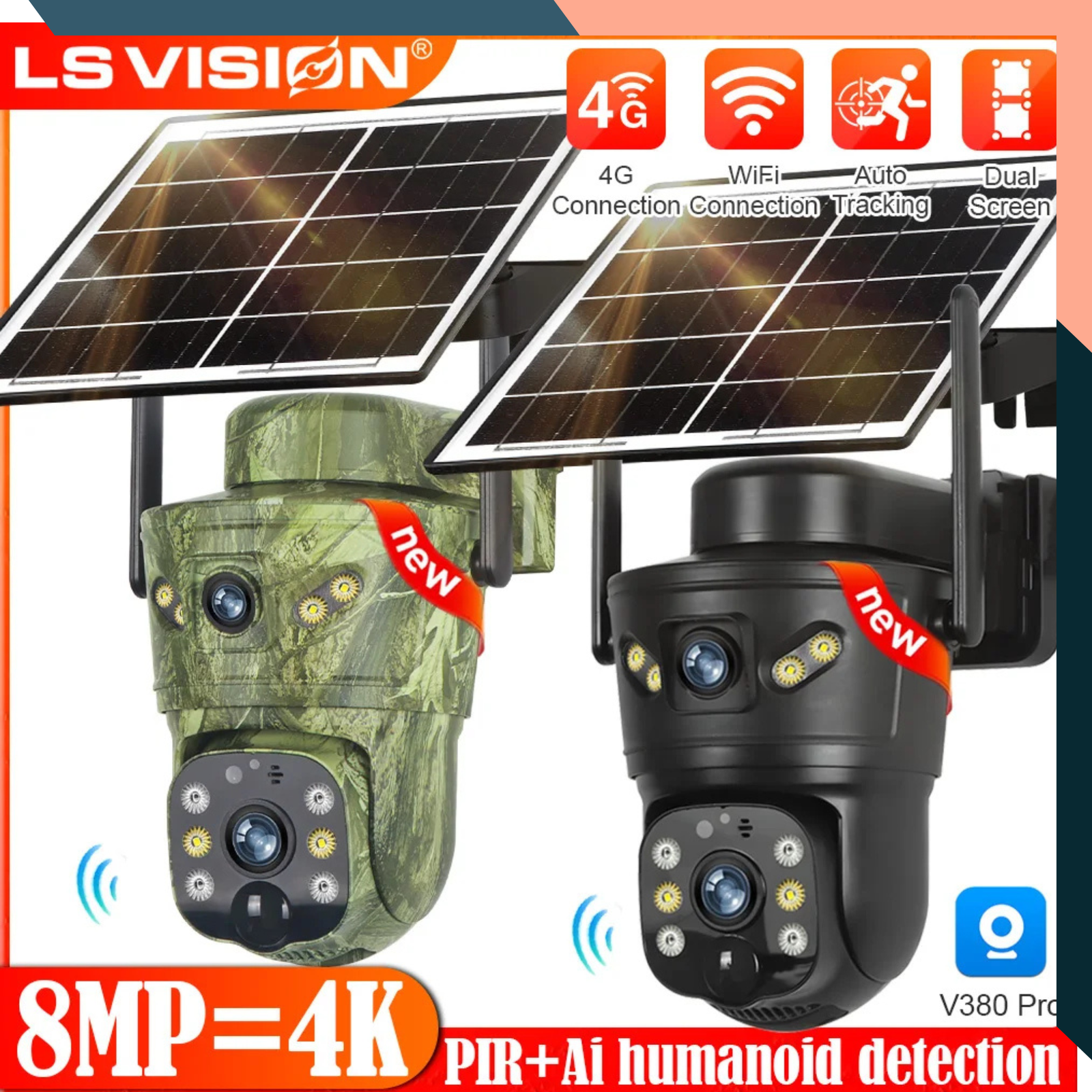4G Solar CCTV Camera Dual Lens PTZ Battery PIR Outdoor IP66 8MP