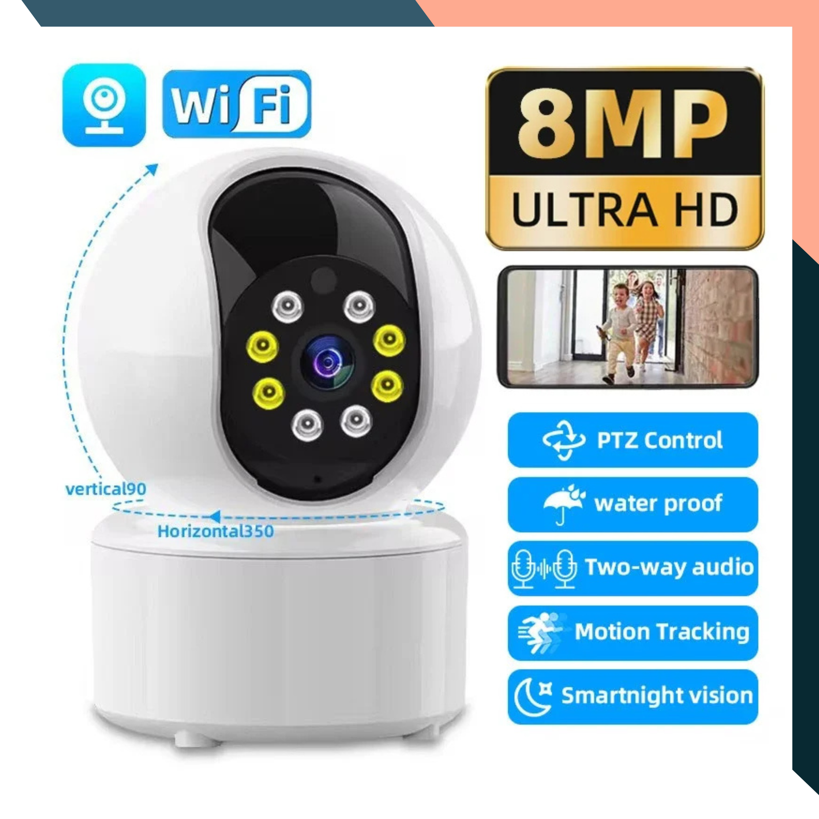 8MP WiFi PTZ Indoor Security Camera Auto Tracking Two Way Audio Night Vision