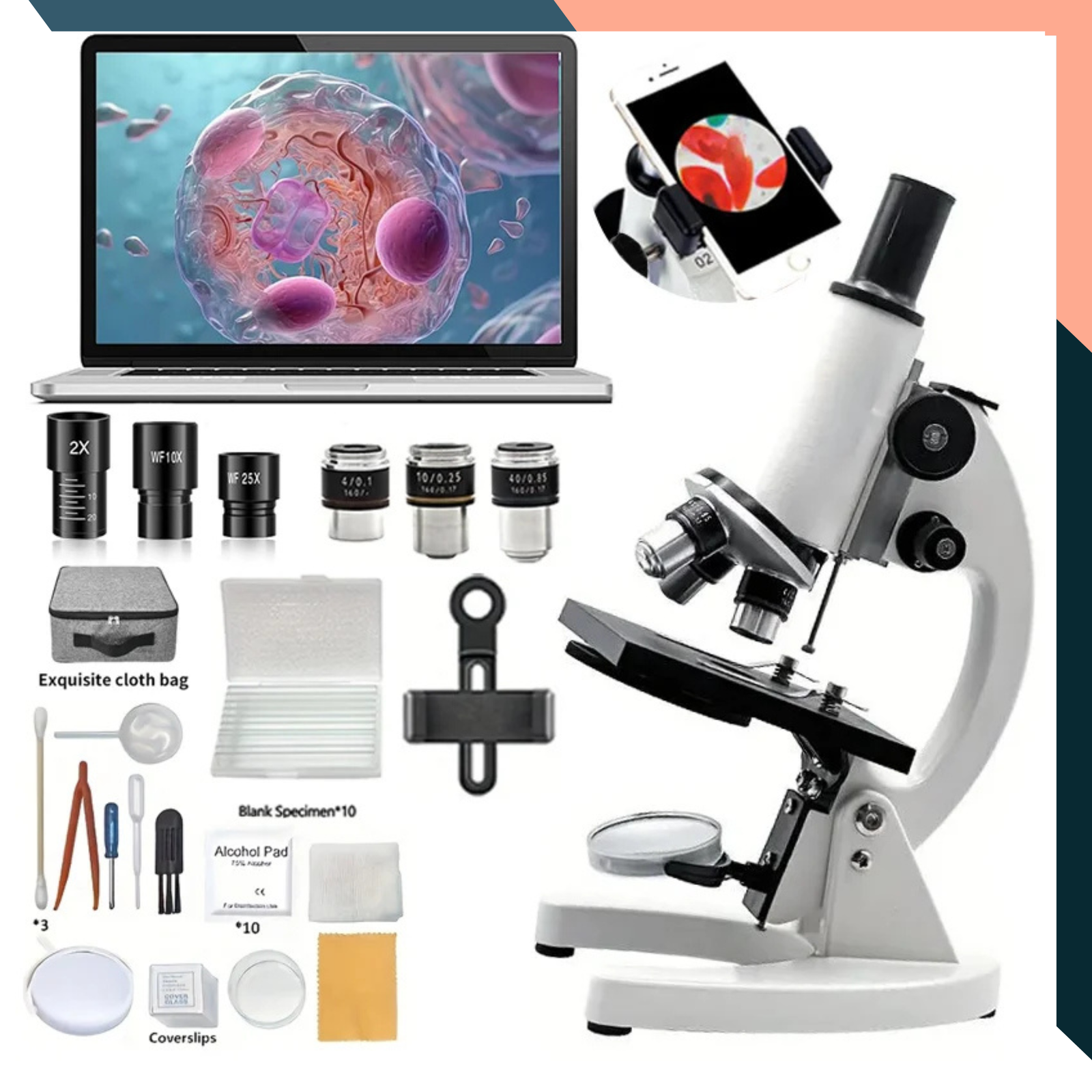 Monocular Optical Microscope 40–2000X Kids School Science Biology Lab ...