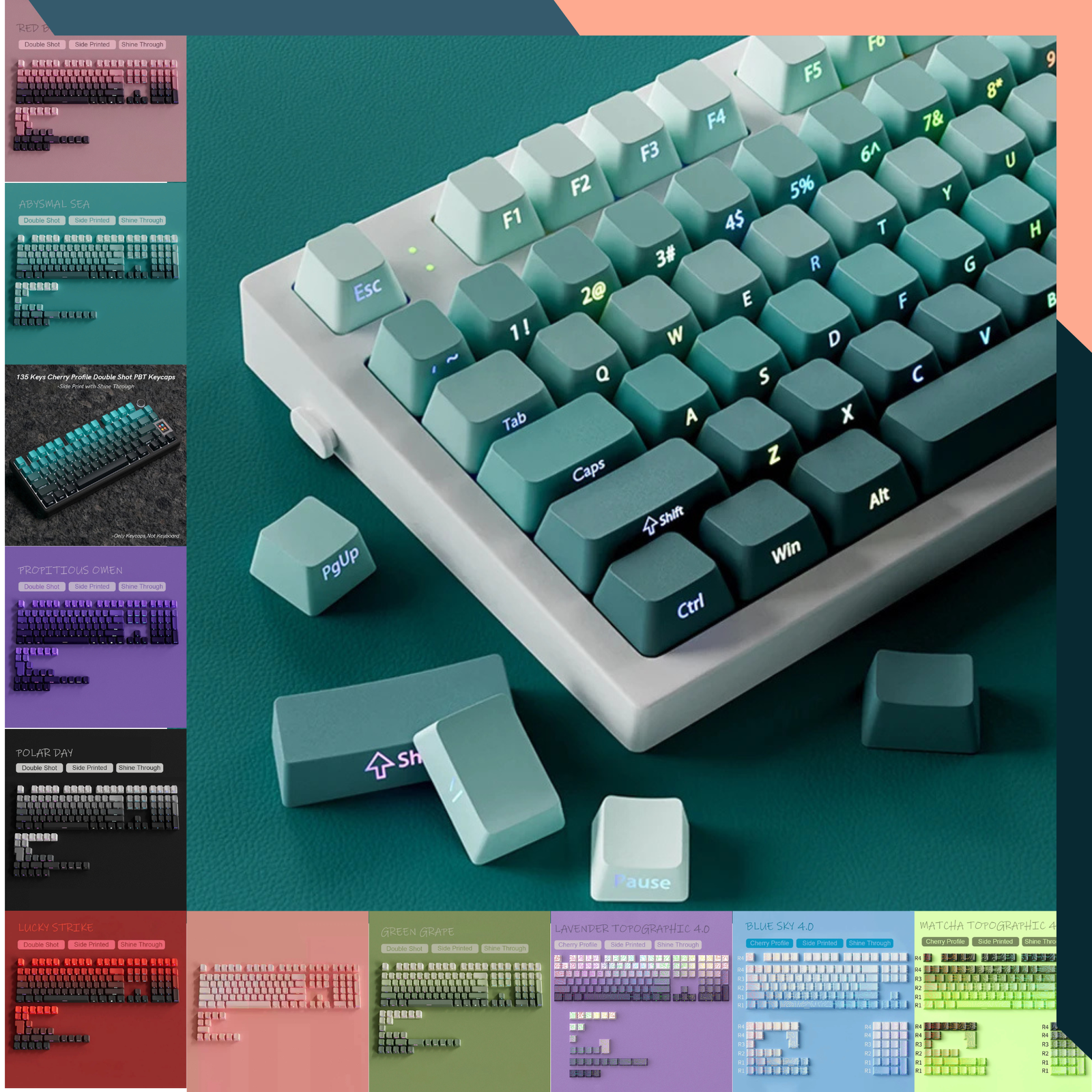 PBT Shine Through Keycaps 135 Keys Backlit Set Cherry Profile for Mechanical Key