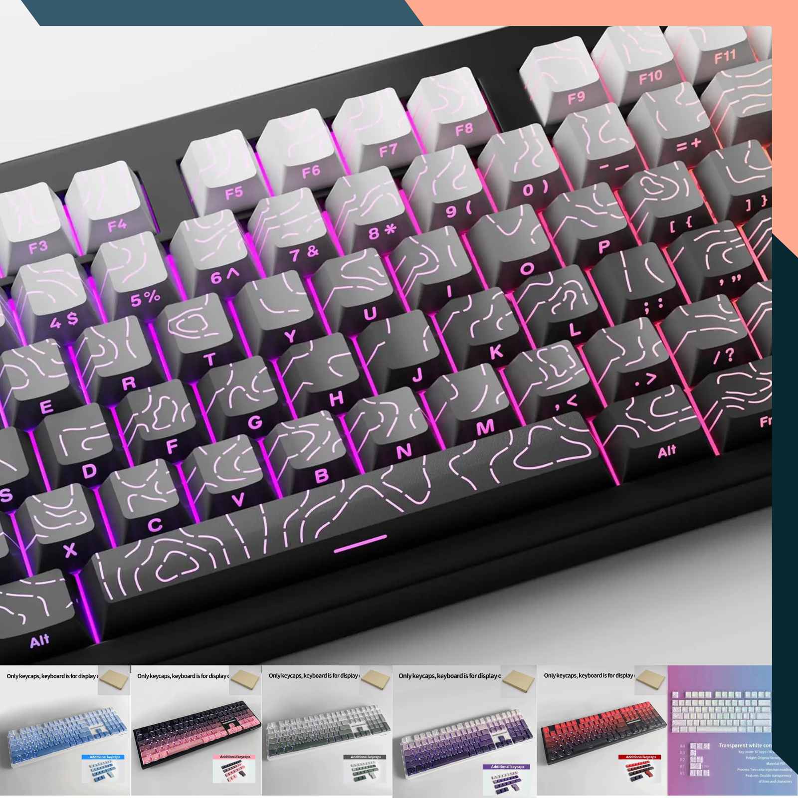 Topographic Transparent PBT Keycaps Side Engraved Cherry Profile 98/134 Keys for MX