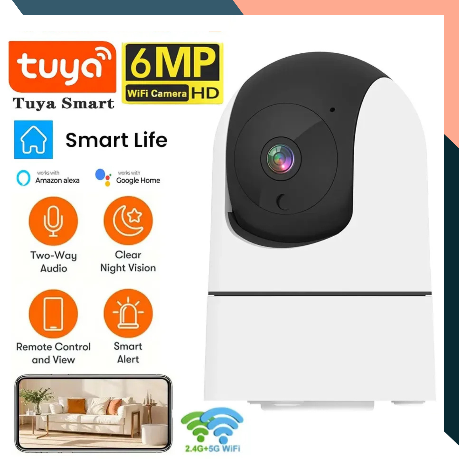 Tuya 6MP 5G WiFi Indoor IP Camera Auto Tracking Baby Monitor Night Vision