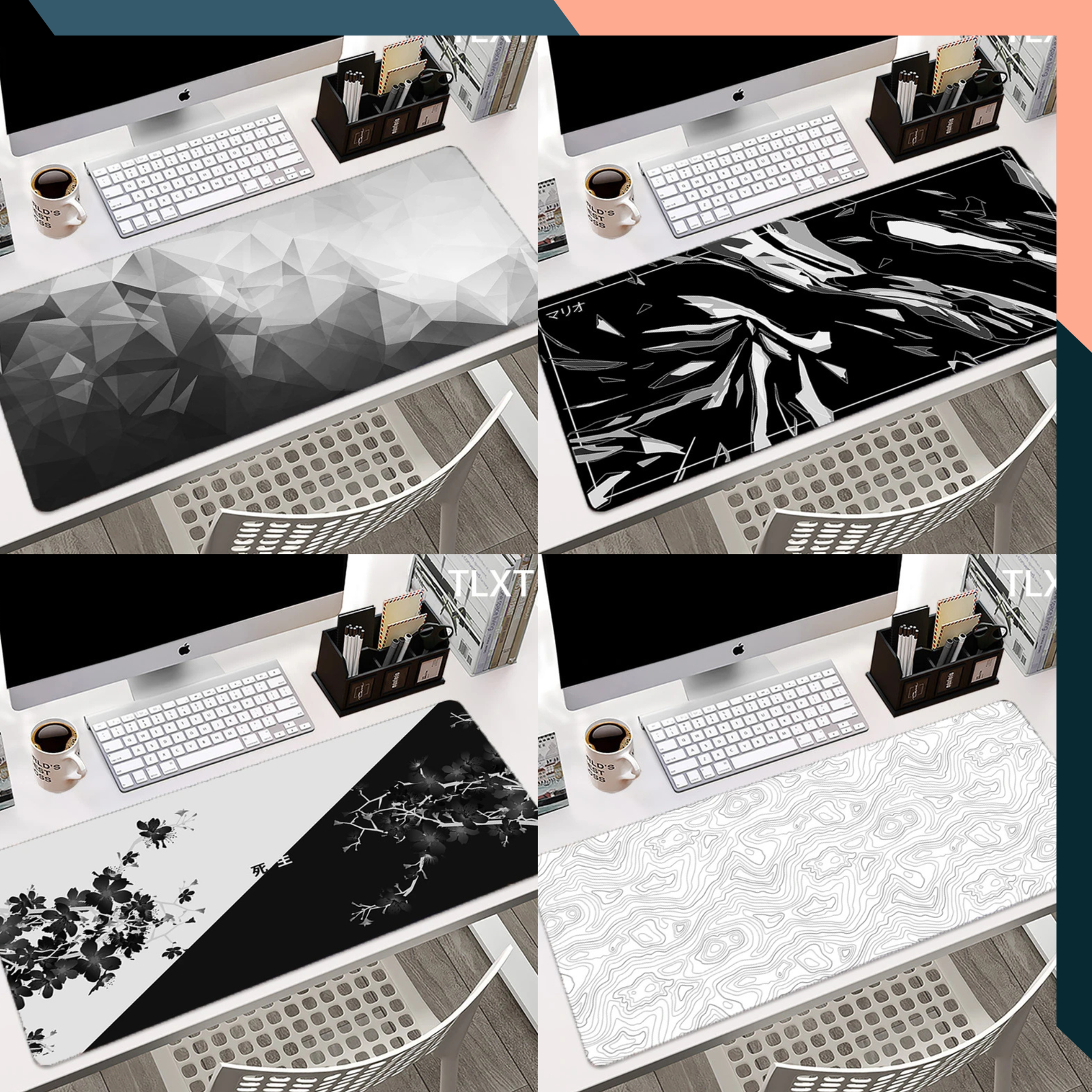 Black White Gaming Mouse Pad XXL Desk Mat Non Slip Stitched Edges