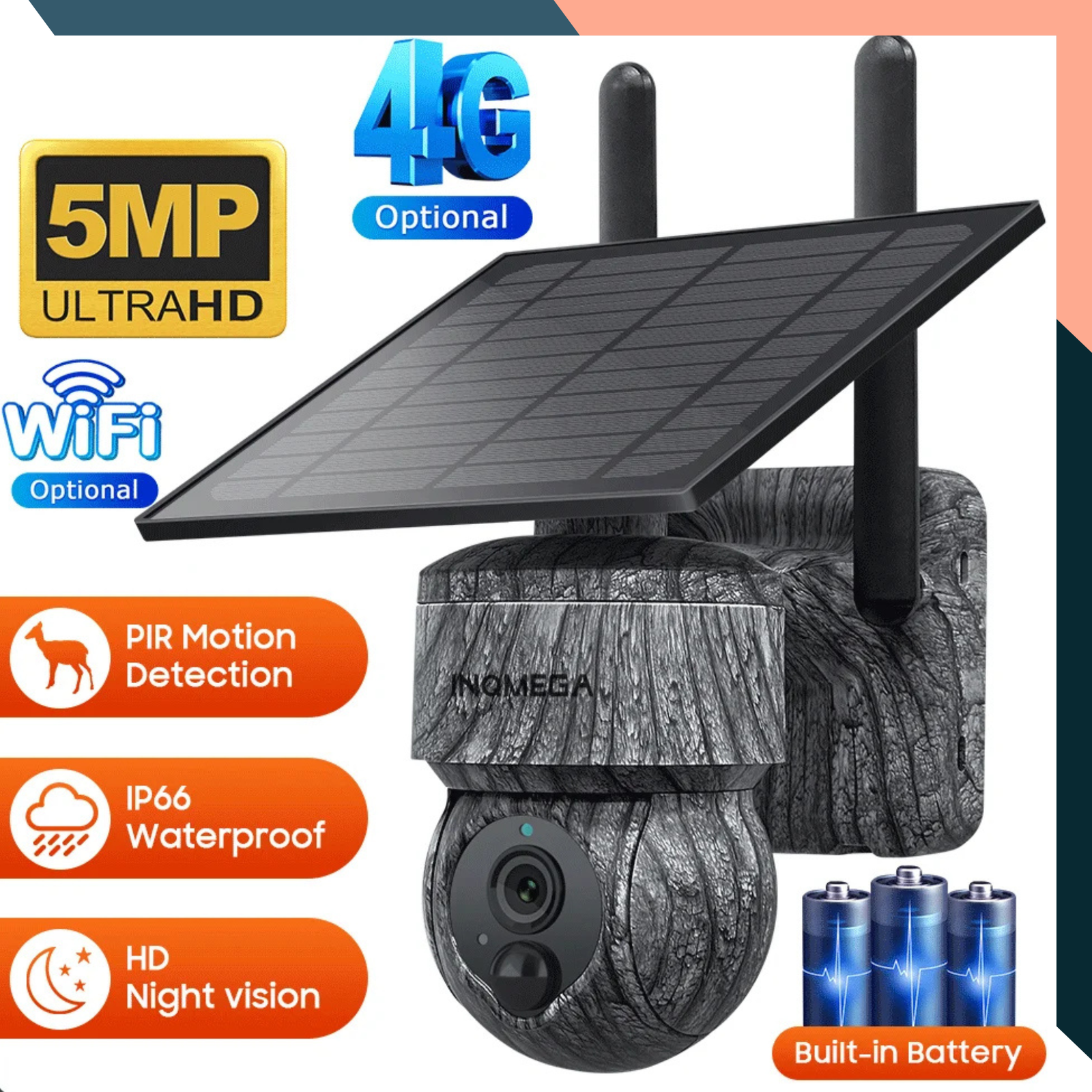 Solar PTZ CCTV Camera WiFi 4G SIM Battery PIR Outdoor IP66 5MP