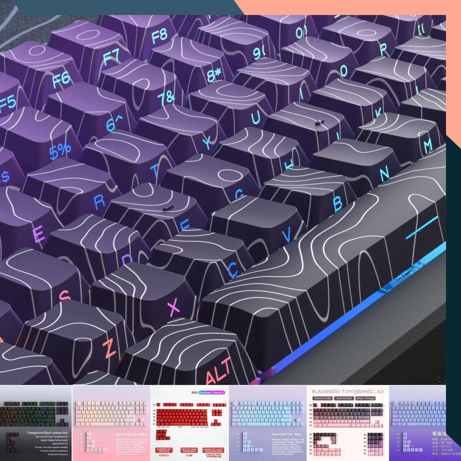 Topographic Side Print PBT Keycaps 130 Keys Cherry Profile Shine Through