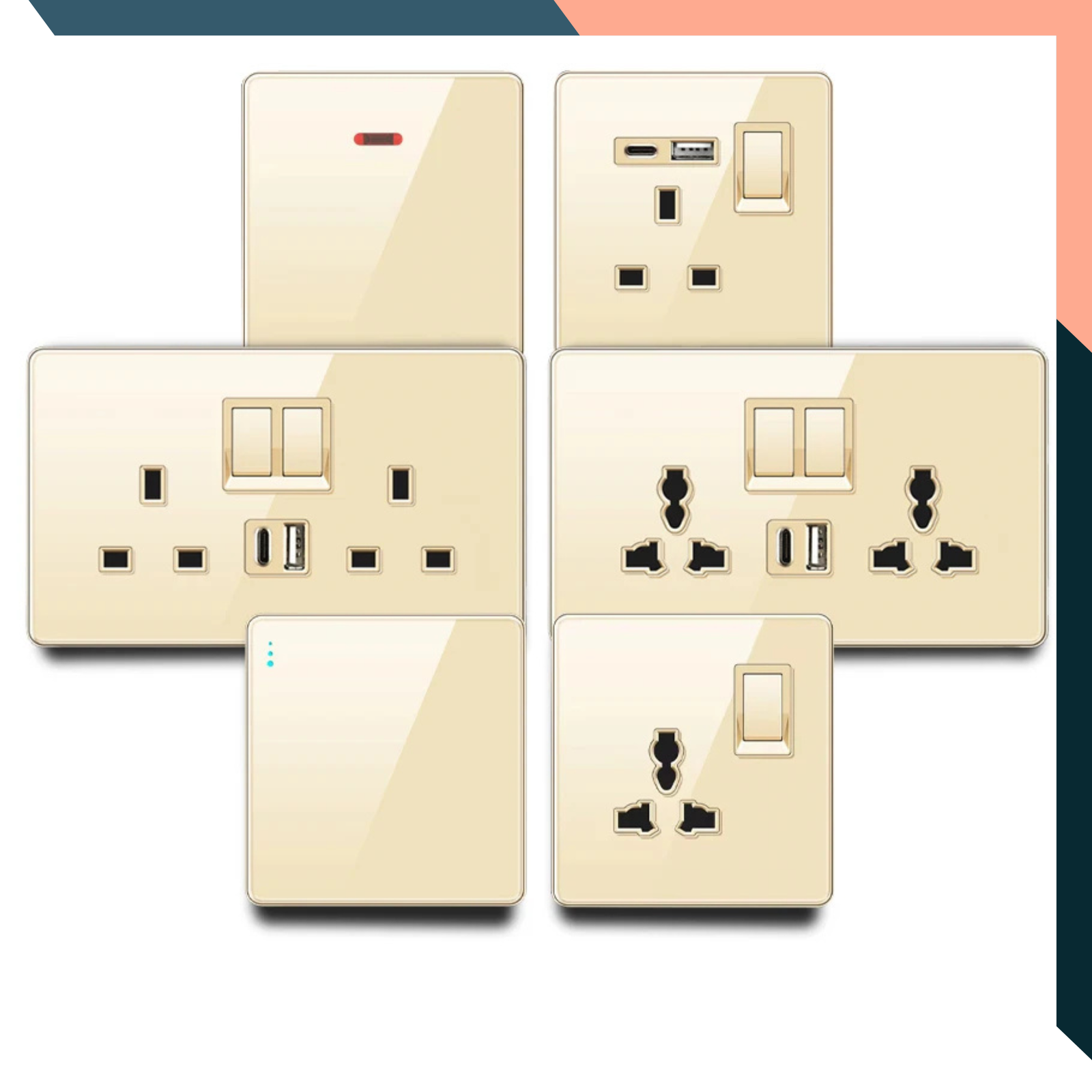 Various electrical wall sockets displayed together. UK 13A USB Wall Socket Switch Gold Glass 3 Hole Power Outlet