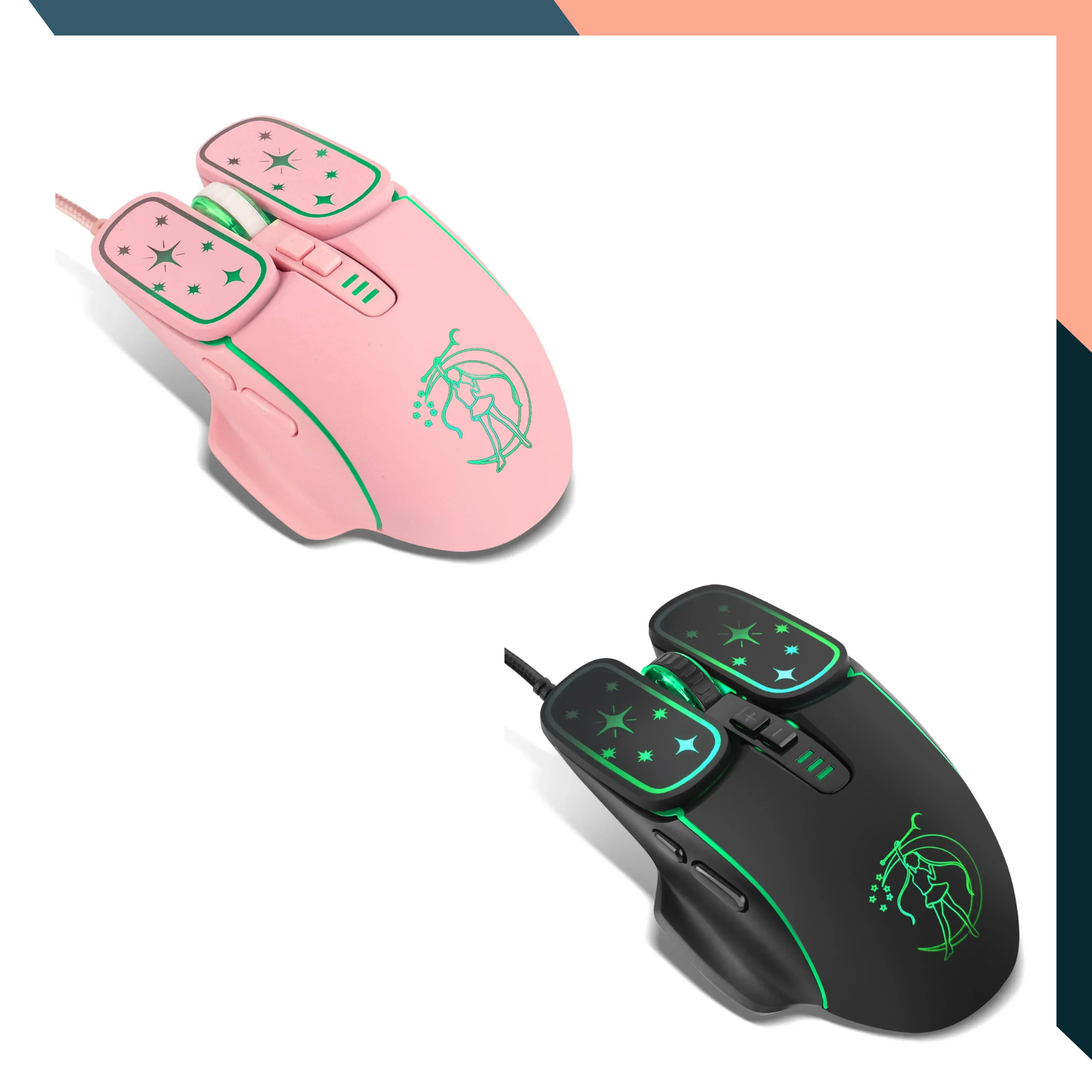 Two gaming mice in pink and black USB Gaming Mouse RGB Backlit Wired Ergonomic 7 Button Mouse for PC Laptop