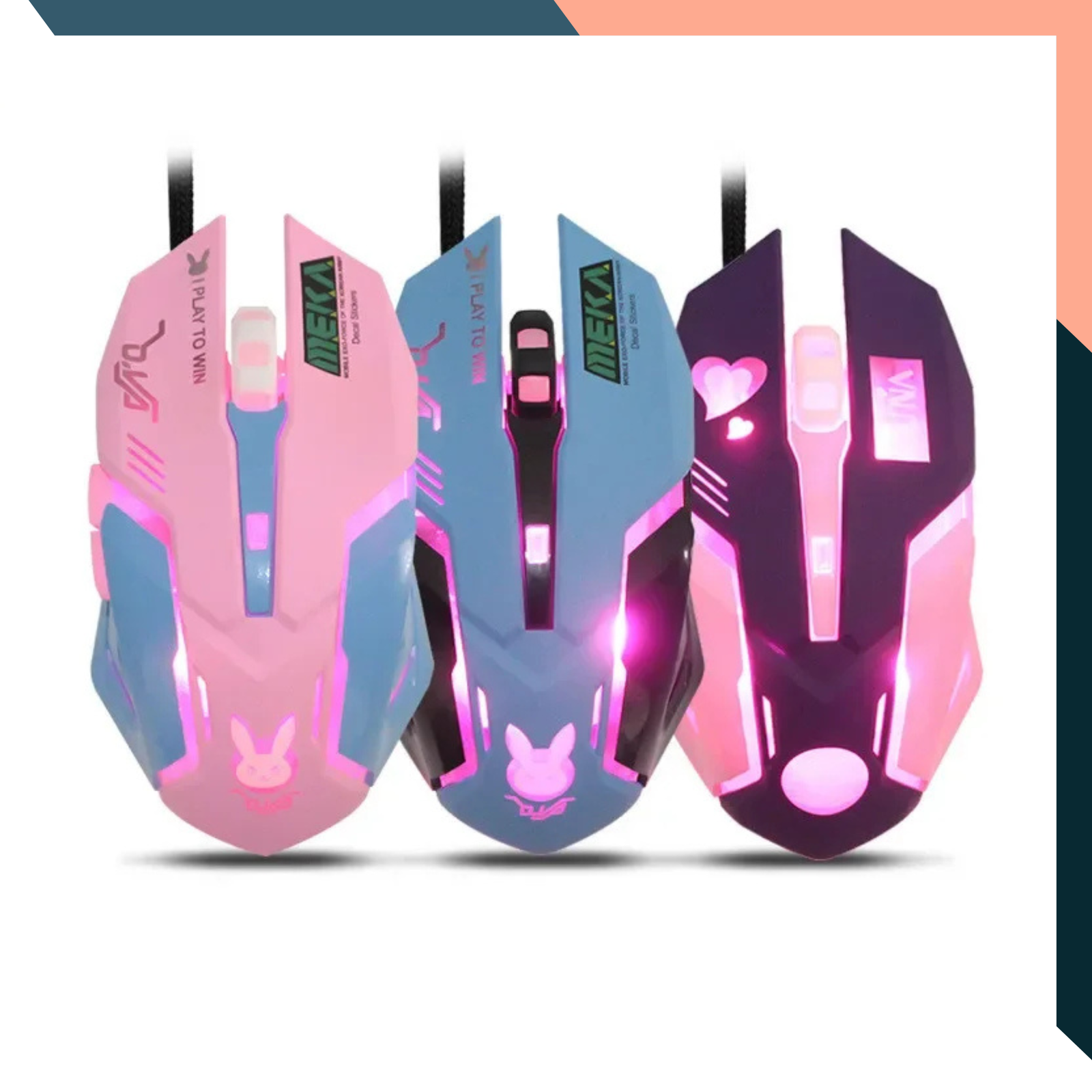 Three colourful gaming mice with lights Wired Gaming Mouse 6 Button 3200 DPI RGB Breathing LED USB Ergonomic Mouse